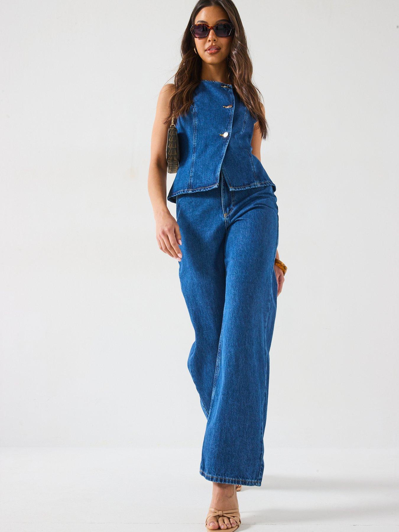 Image 3 of 6 of V by Very Denim Asymmetric Button Co-Ord Top - Mid Wash
