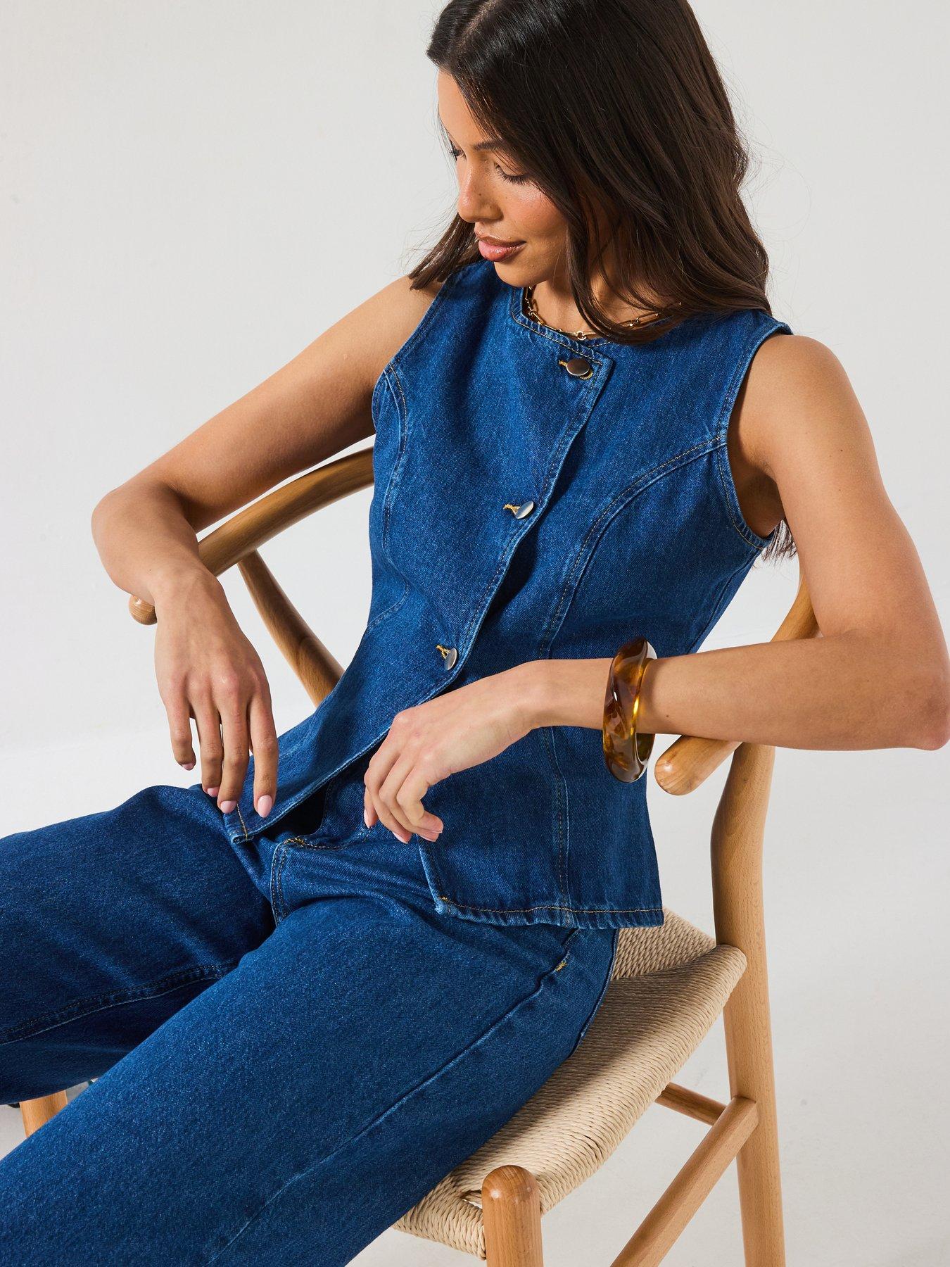 Image 5 of 6 of V by Very Denim Asymmetric Button Co-Ord Top - Mid Wash