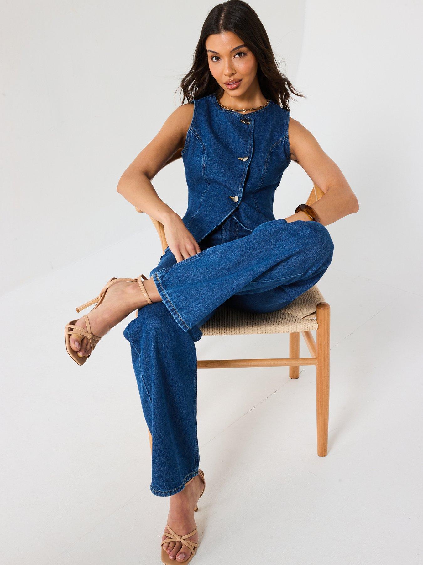 Image 4 of 6 of V by Very Denim Tailored Wide Leg Co-Ord Jeans - Mid Wash