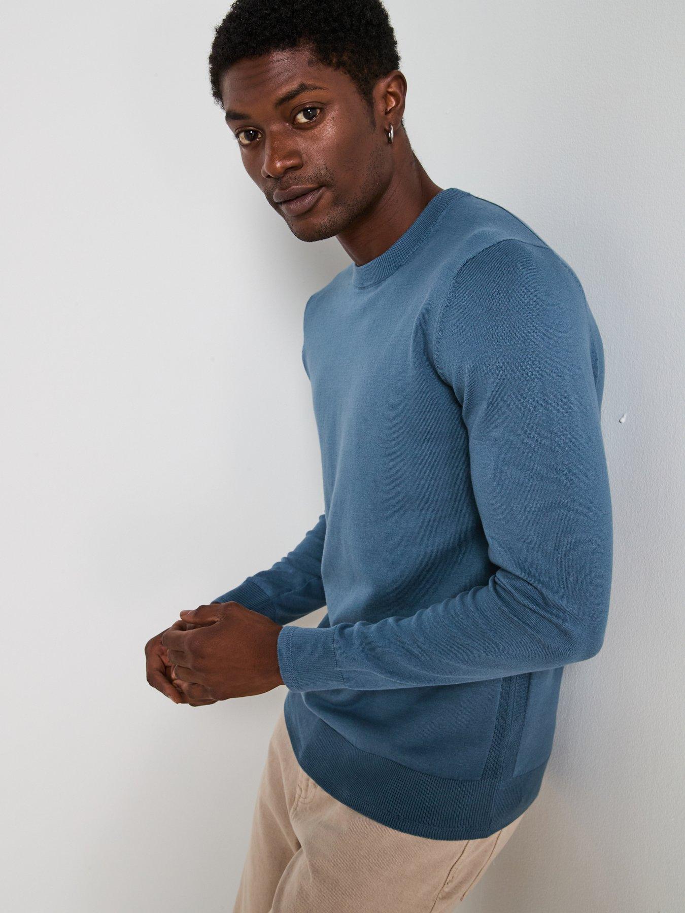 undefined Cotton Rich Knitted Crew Neck Jumper - Blue
