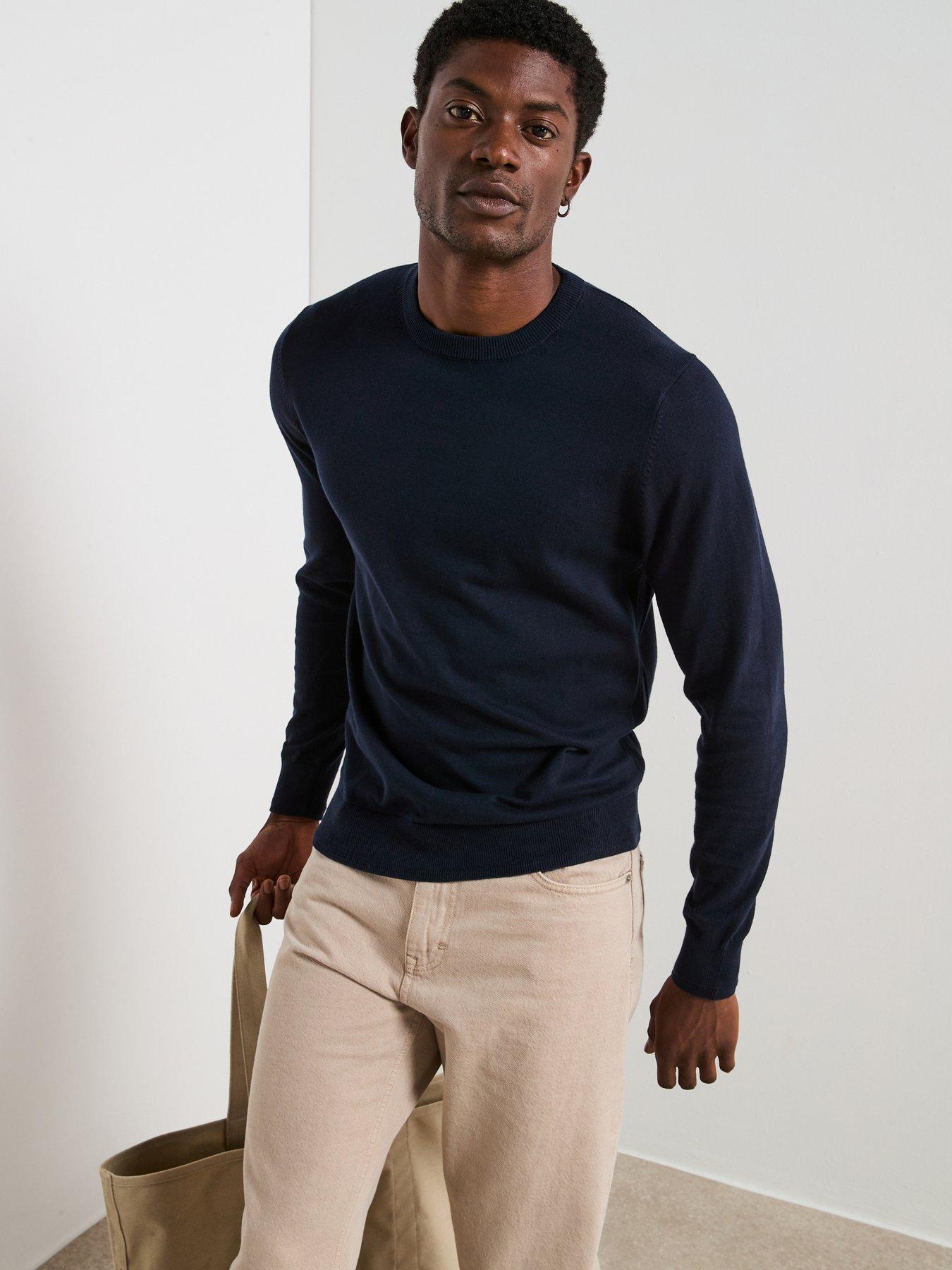 undefined Cotton Rich Knitted Crew Neck Jumper - Navy