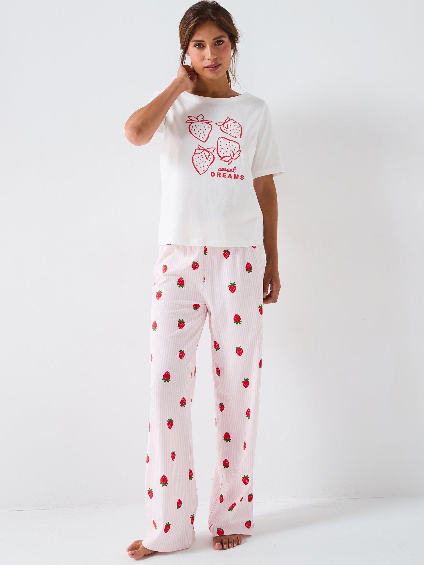 undefined Strawberry Print Short Sleeve T-shirt With Wide Leg Pj Set - Pink