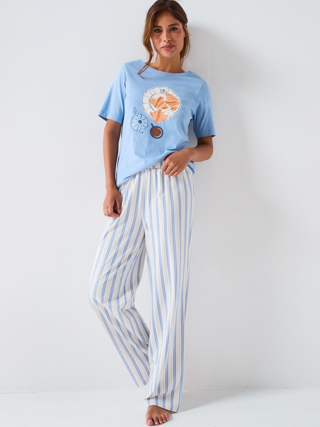 undefined Croissant Short Sleeve T-shirt With Wide Leg Pyjama Set - Blue