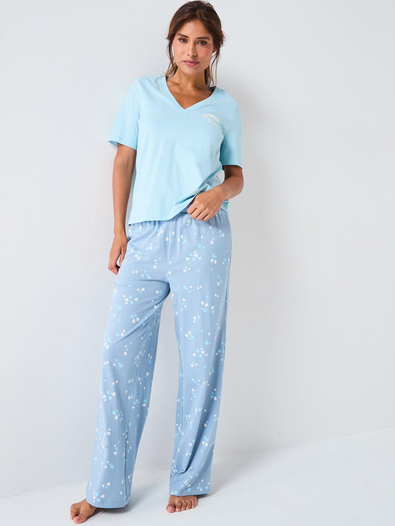 undefined V Neck Short Sleeve T-shirt With Stripe Wide Leg Pyjama Set - Blue
