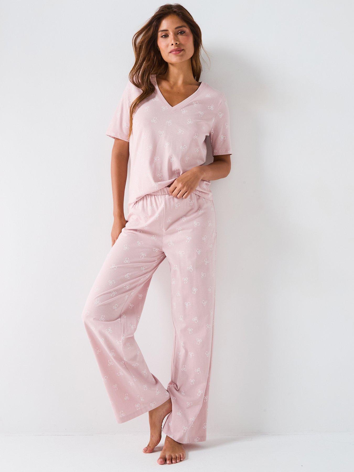 undefined V Neck Ribbon Print Short Sleeve And Wide Leg Pyjama Set - Pink