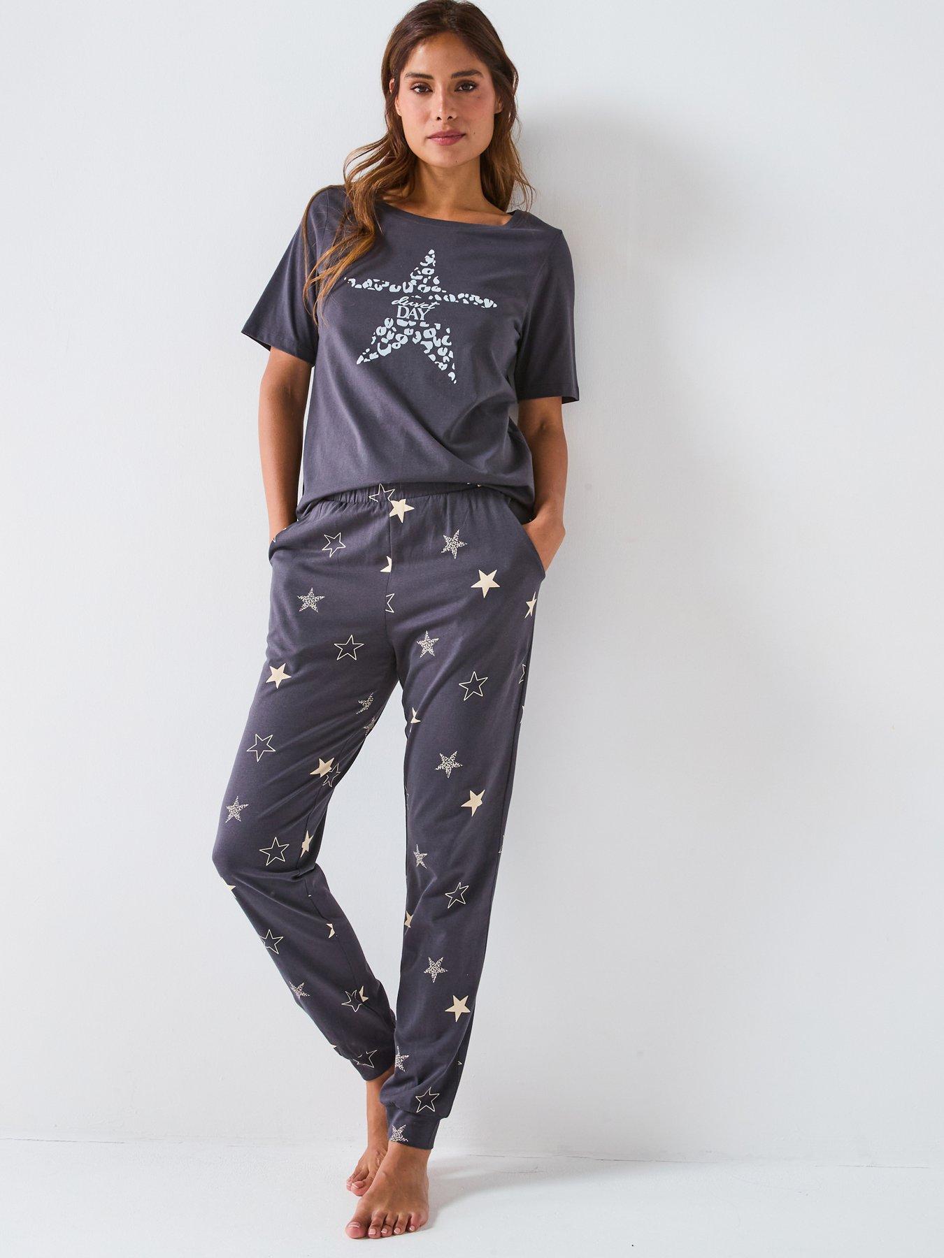 undefined Star Print Short Sleeve And Jogger Pj Set - Grey