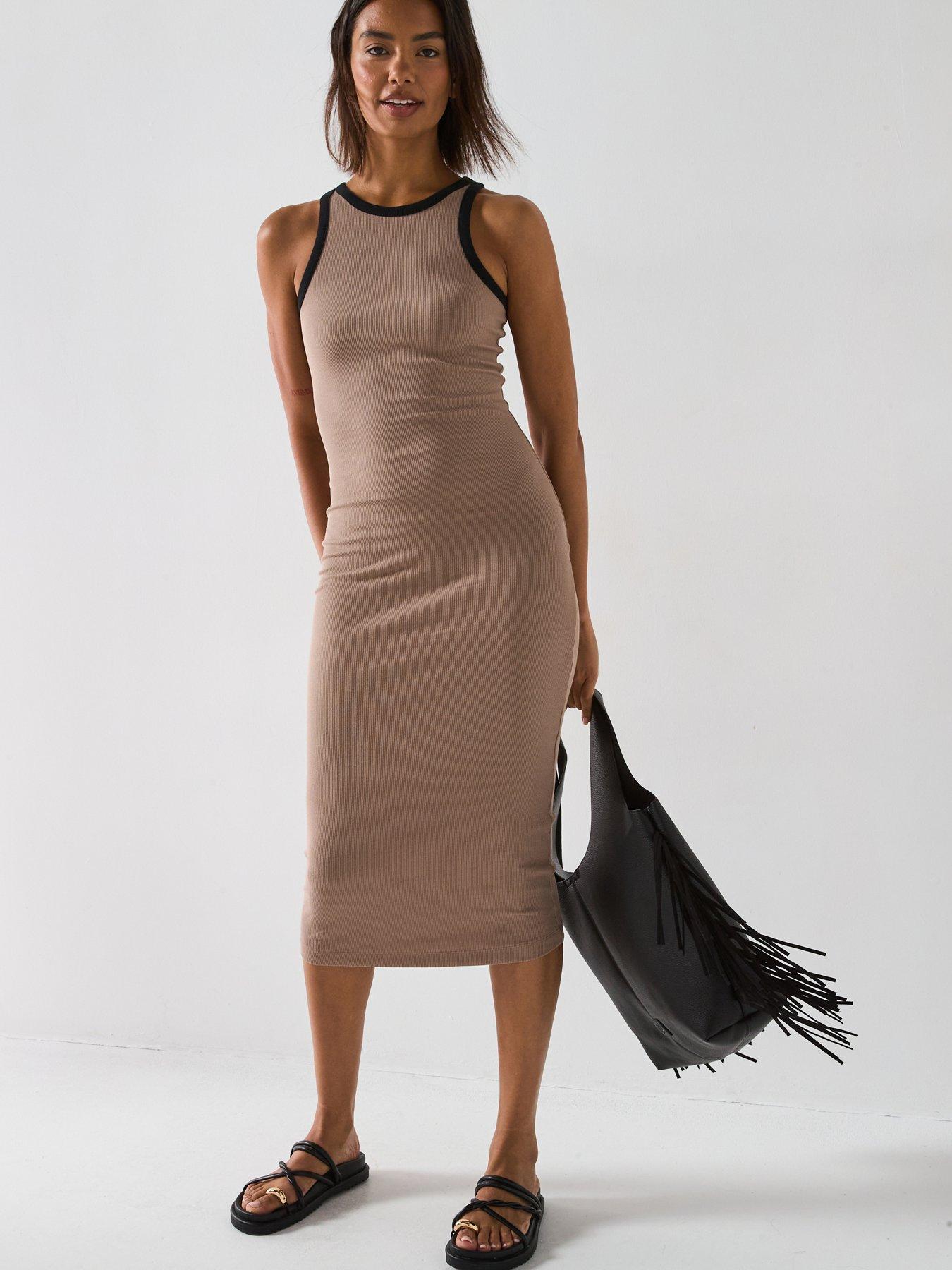 V by Very: Ribbed Midaxi Dress with Contrast Trim - Brown