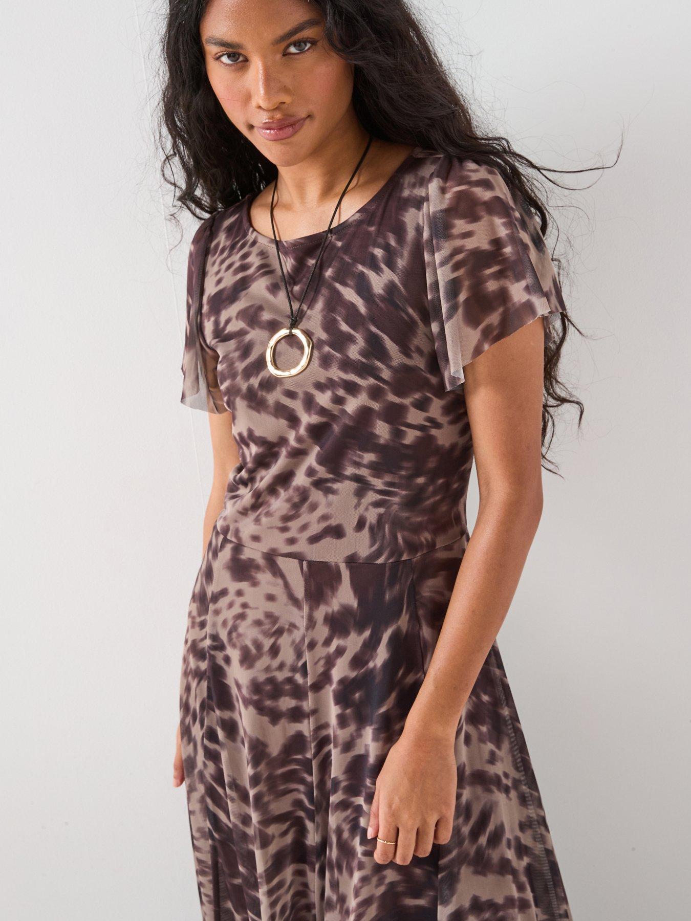undefined Frill Shoulder Flowing Dress - Print