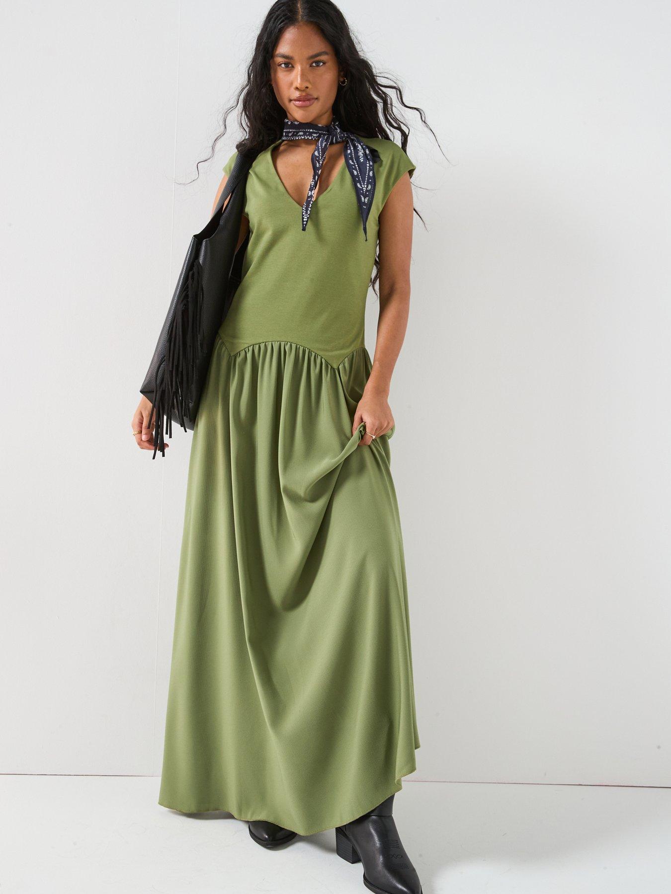 undefined V Neck Drop Waist Midaxi Dress - Green