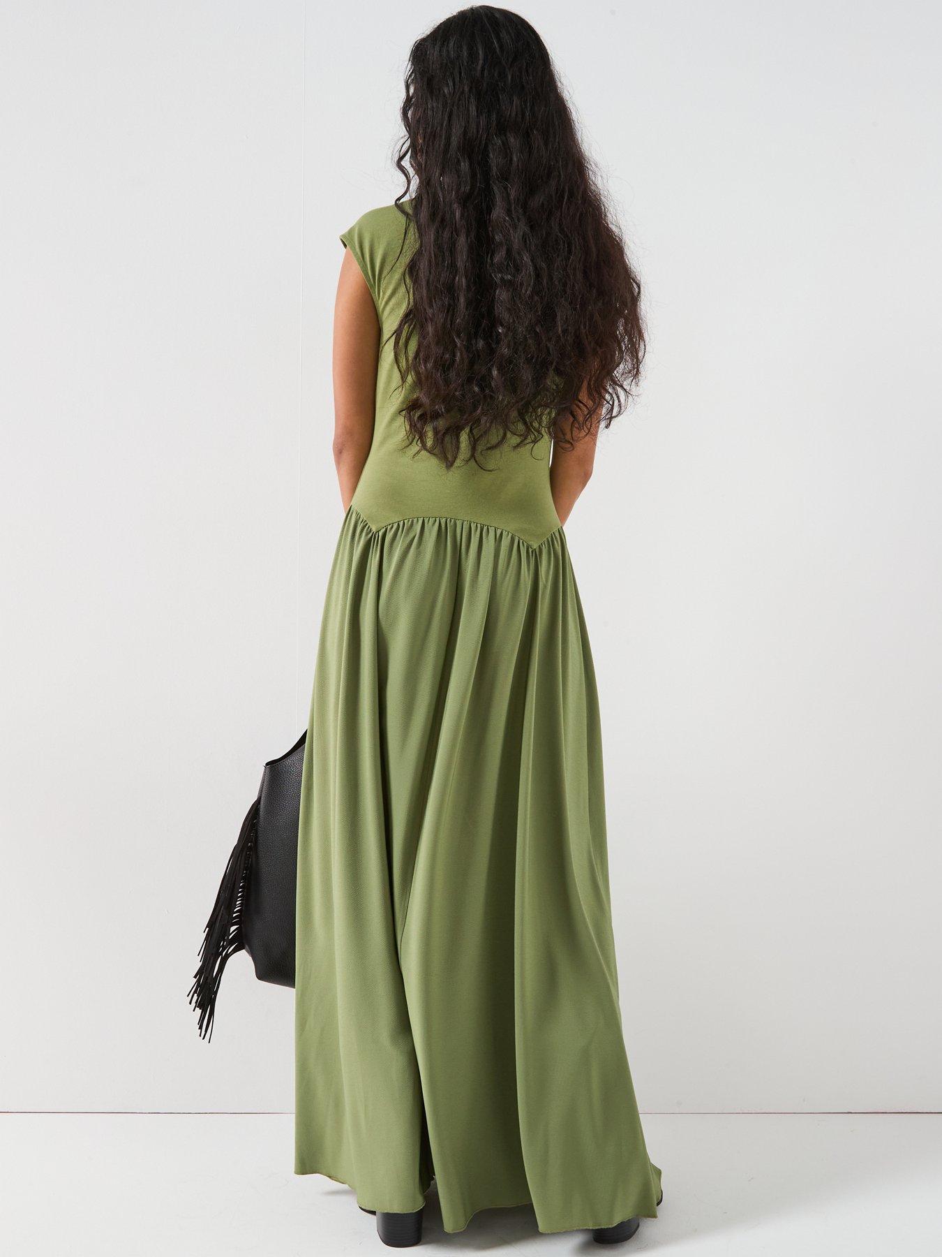 V by Very V Neck Drop Waist Midaxi Dress - Green