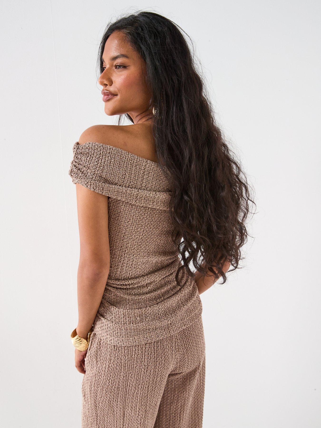 Image 2 of 6 of V by Very Texture Bardot Co Ord Top - Brown