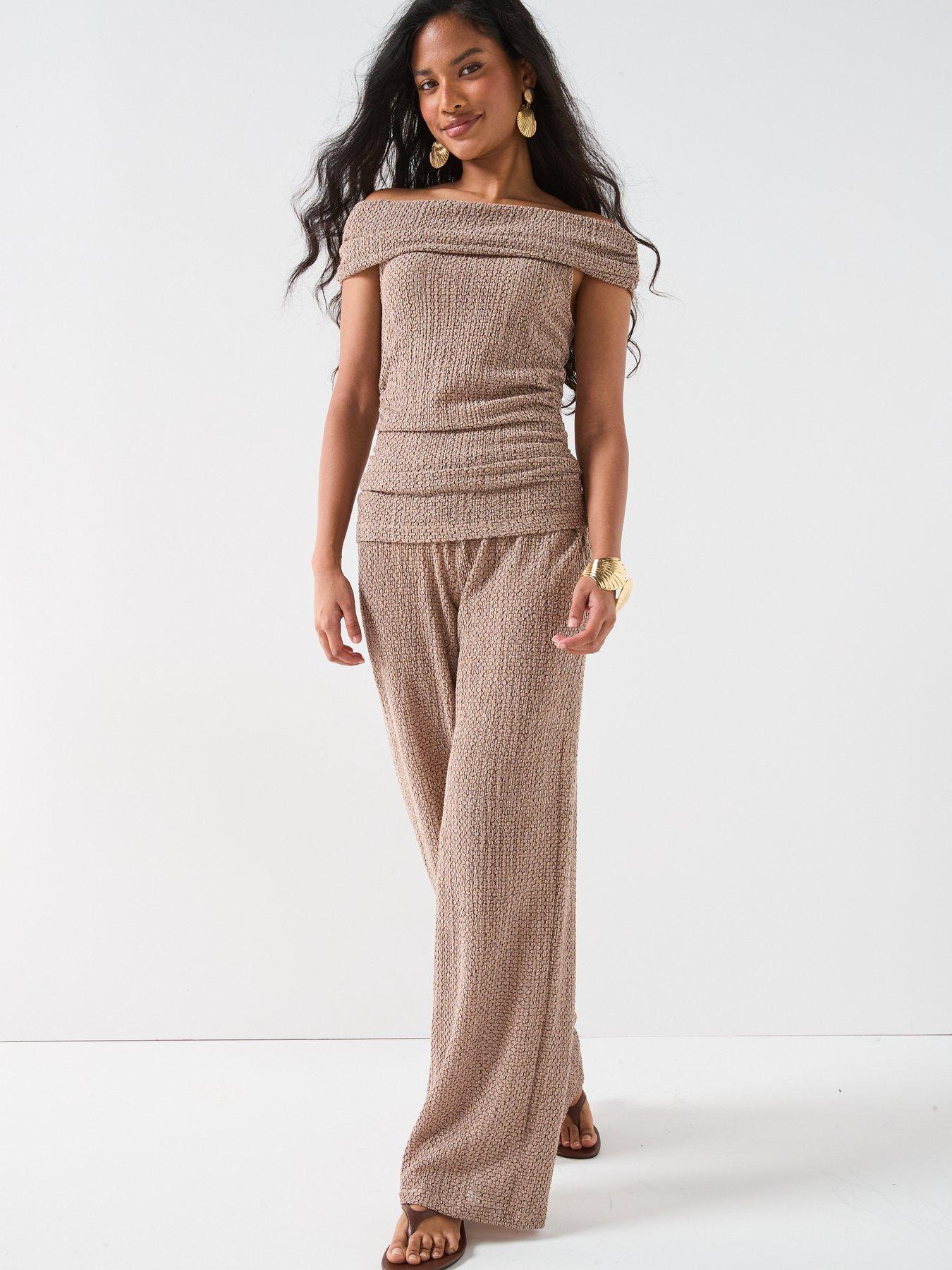 Image 5 of 6 of V by Very Texture Wide Leg Co-ord Trousers - Brown