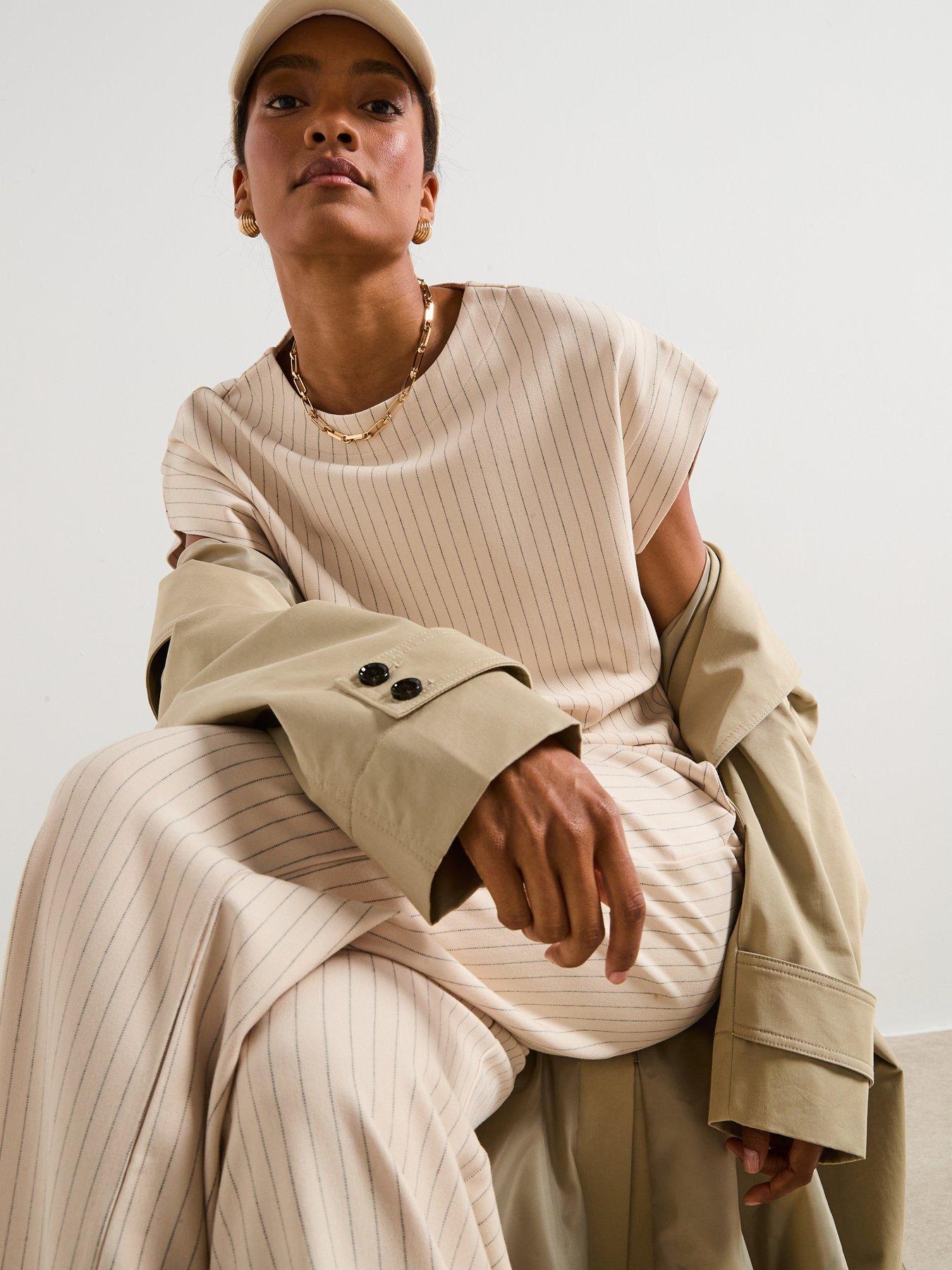 Image 4 of 6 of V by Very Pinstripe Wide Leg Trousers - Cream