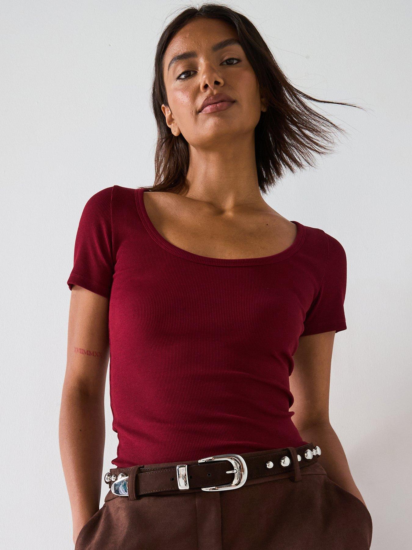 V by Very Scoop Rib Tee - Burgundy