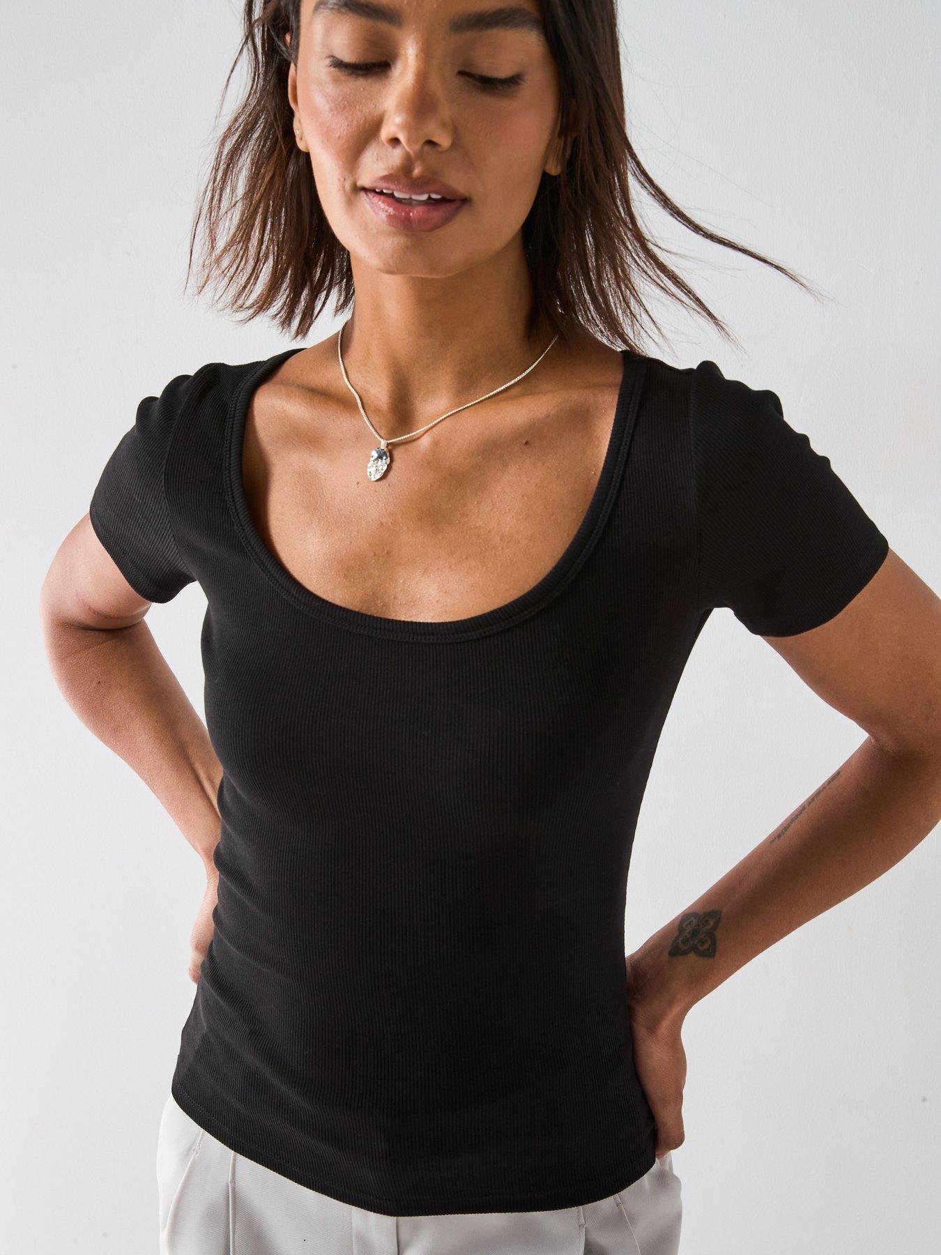 V by Very Scoop Rib Tee  - Black