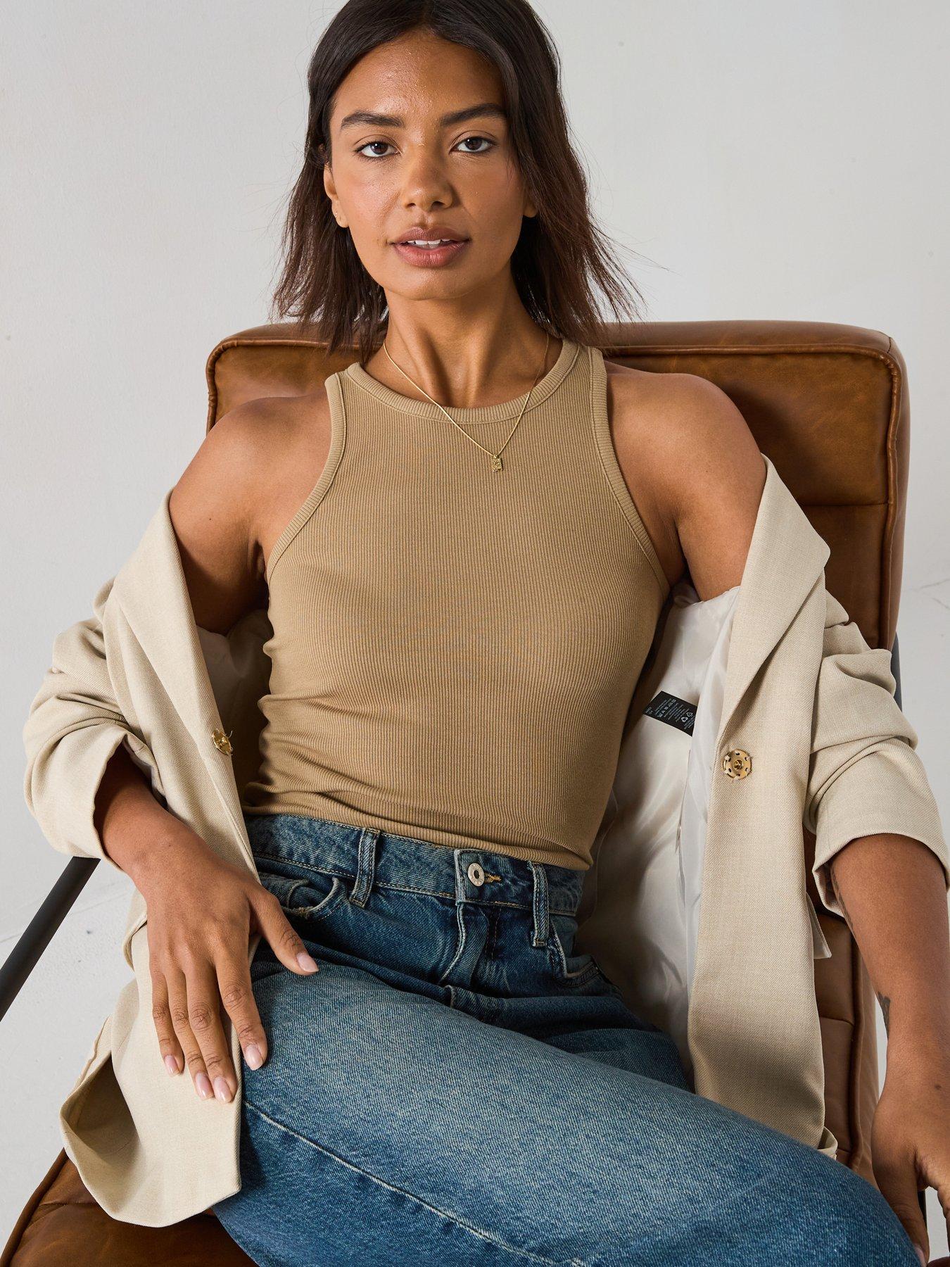 V by Very High Neck Rib Vest - Beige | Very