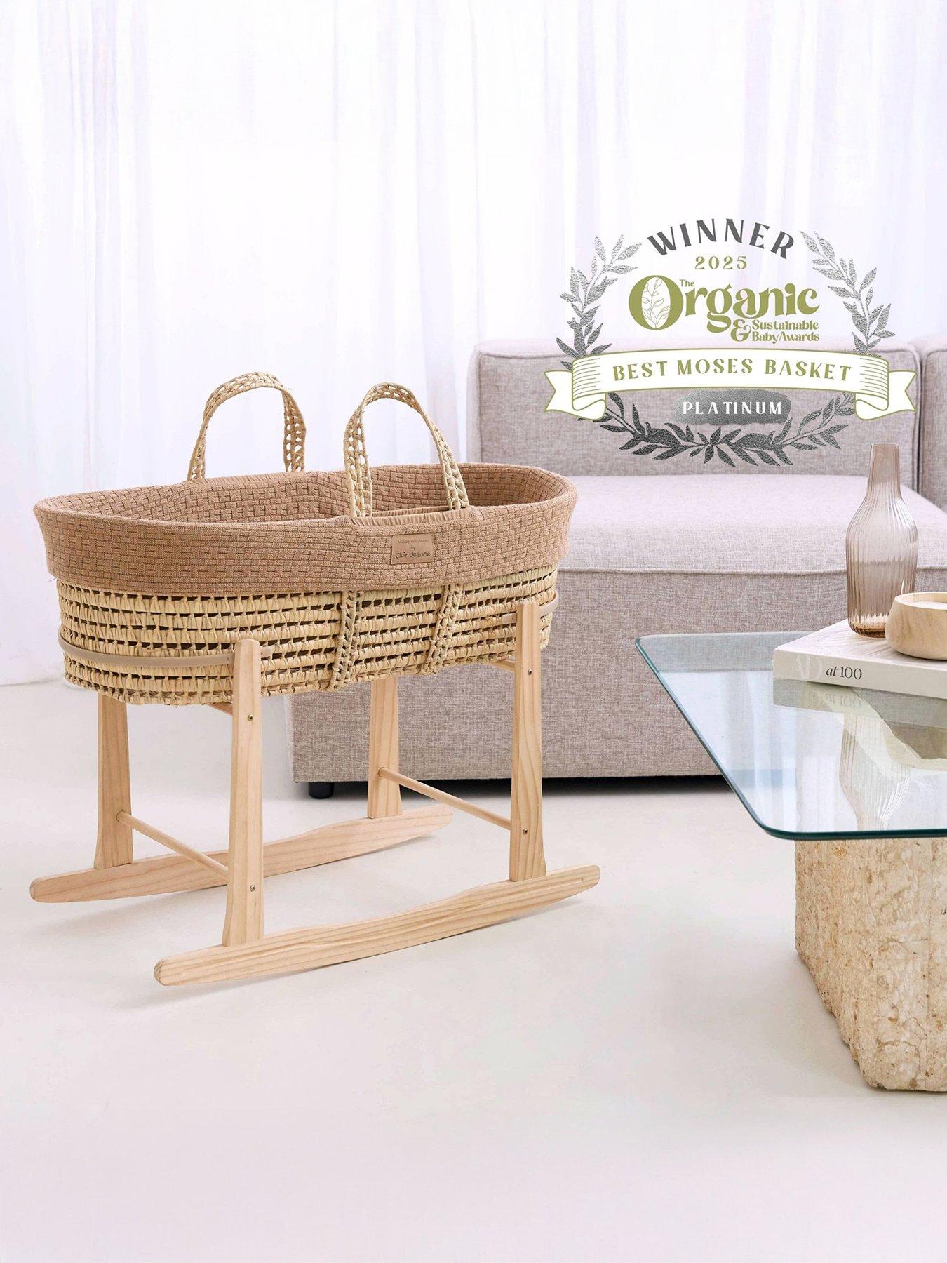 Clair De Lune Moses Basket Knitted - Biscuit - With Natural Rocking Stand
