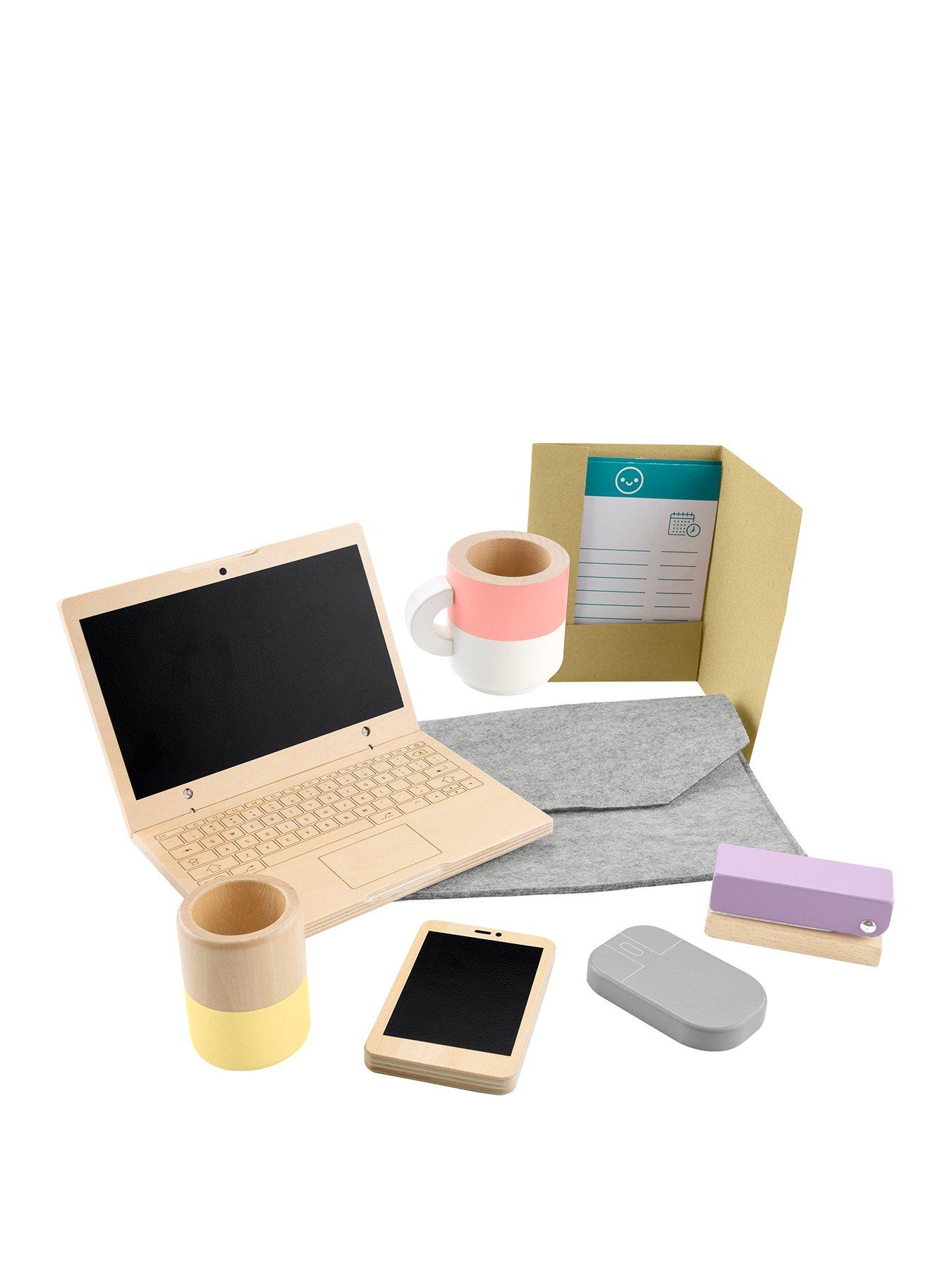 Image 1 of 7 of Fisher-Price Wooden Work From Home Set, Pretend Office Playset with Wood Laptop for Kids