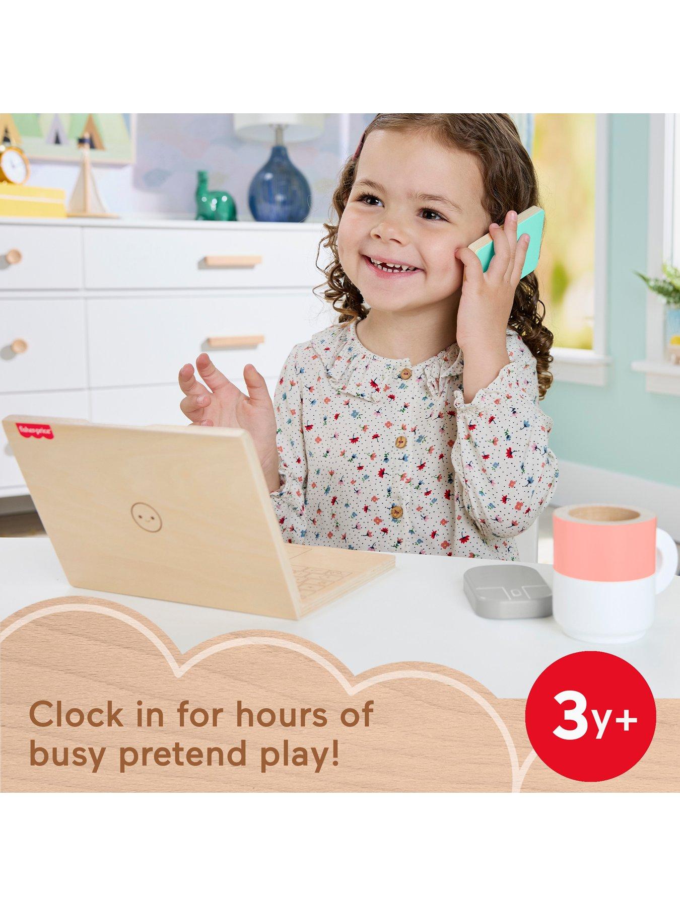 Image 2 of 7 of Fisher-Price Wooden Work From Home Set, Pretend Office Playset with Wood Laptop for Kids