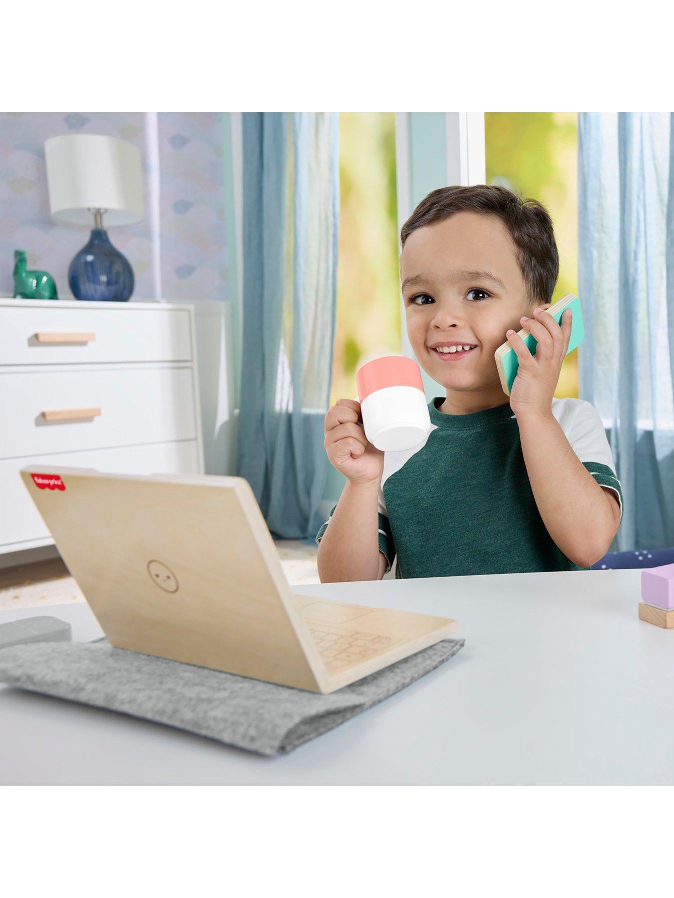 Image 5 of 7 of Fisher-Price Wooden Work From Home Set, Pretend Office Playset with Wood Laptop for Kids