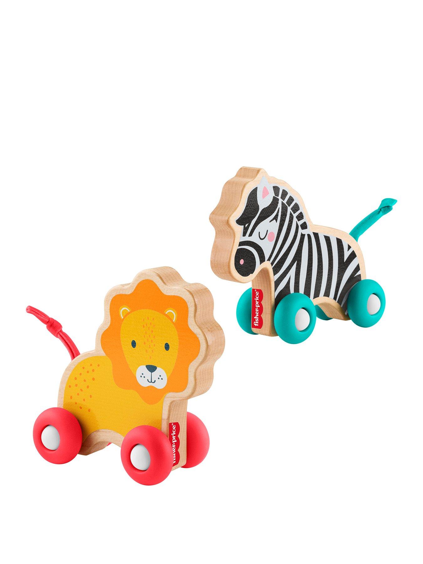 Image 1 of 7 of Fisher-Price Wooden Push Along Animals, Lion &amp; Zebra Toy Vehicles for Baby Crawling Play