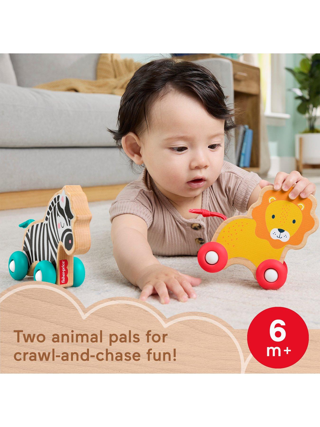 Image 2 of 7 of Fisher-Price Wooden Push Along Animals, Lion &amp; Zebra Toy Vehicles for Baby Crawling Play