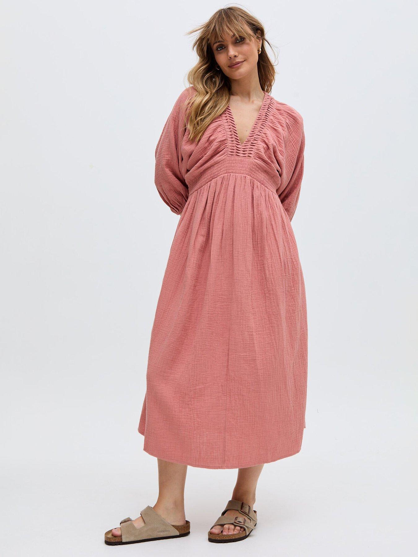undefined Soipoi Ruched V-neck Midi Dress - Pink