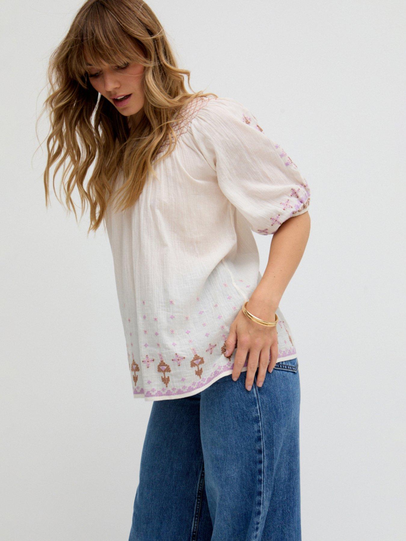 undefined Alba Short Sleeve Embroidered Blouse - Pink