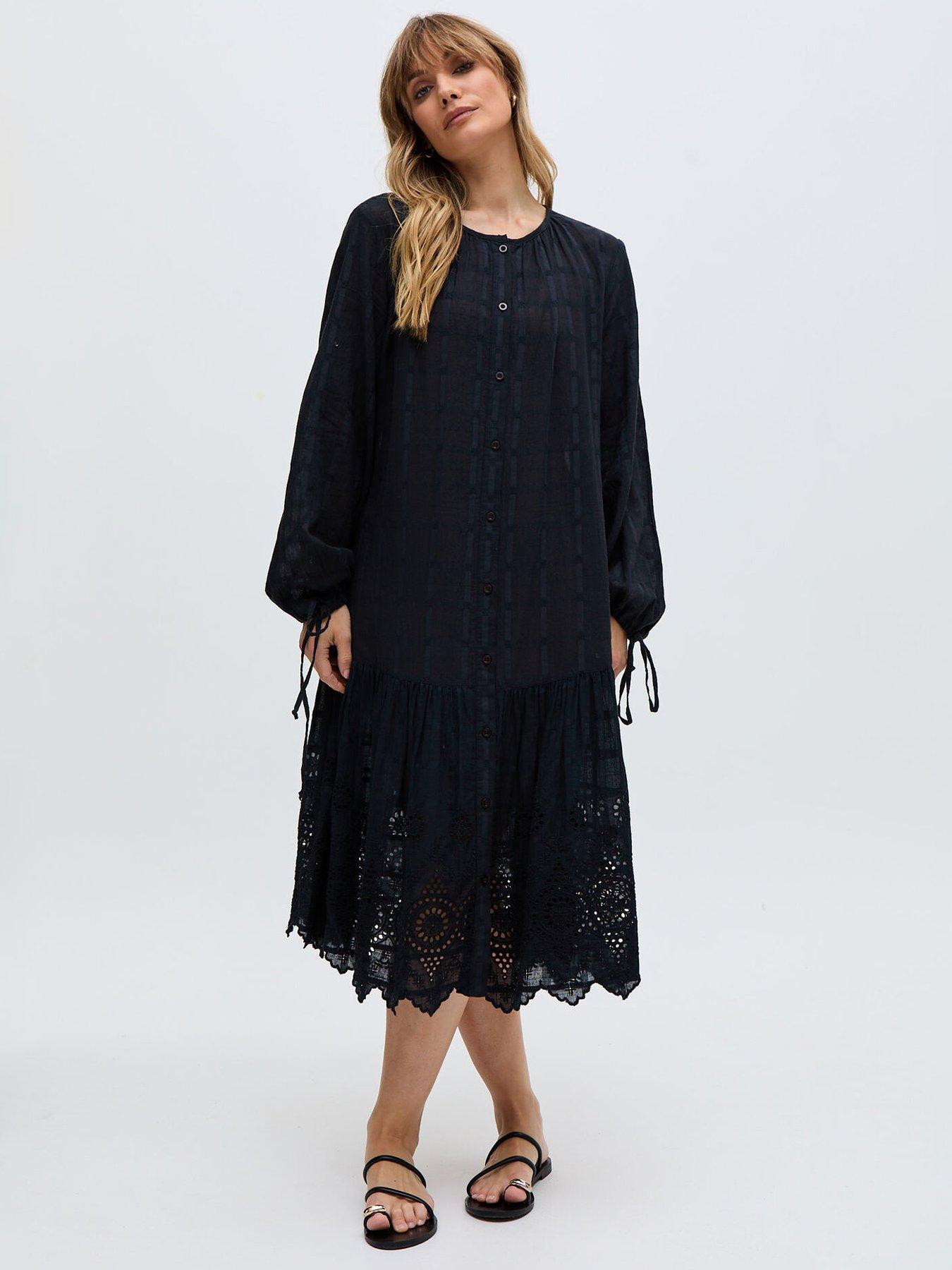 undefined Olivia Button Down Embroidered Midi Dress - Black