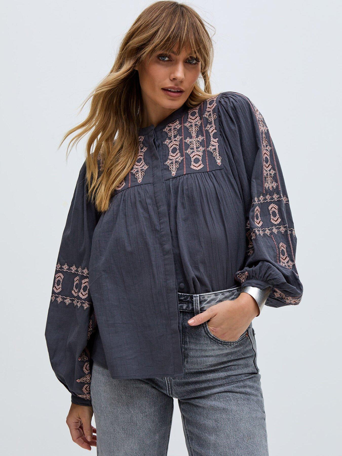 undefined Demi Embroidered Ballon Sleeve Shirt - Grey