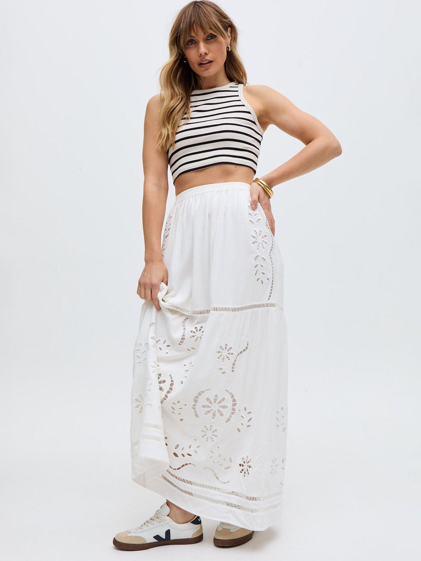undefined Georgina Lace Paneled Maxi Skirt - White
