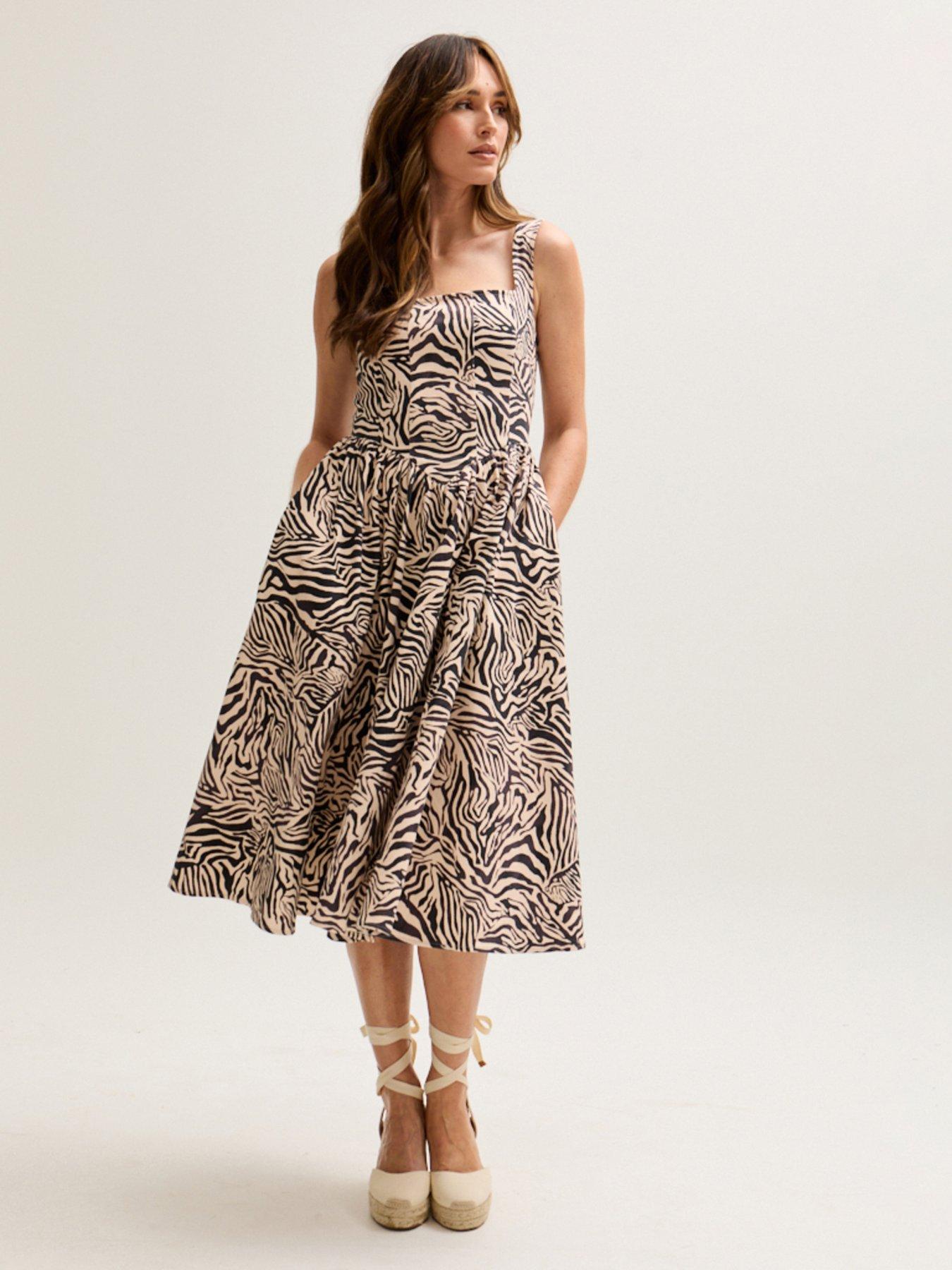 undefined Paulina Shirred Bodice Zebra Print Maxi Dress - Black