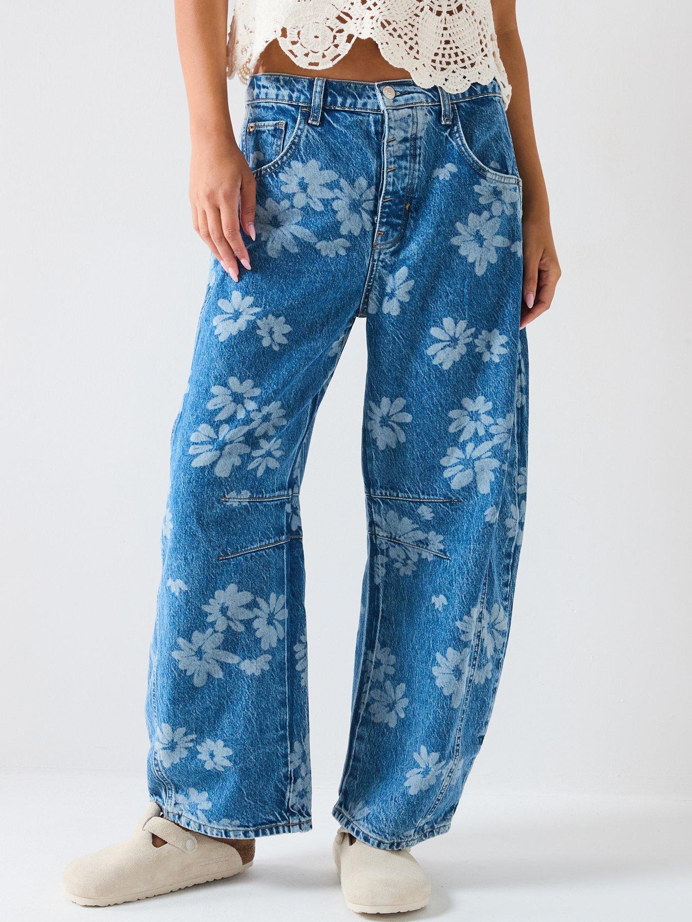 undefined Good Luck Floral Printed Barrel Jean - Blue