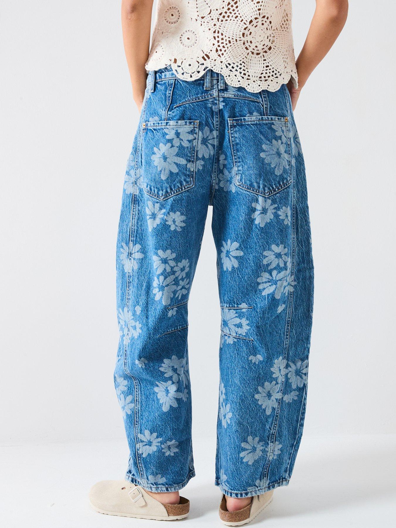 Image 2 of 6 of FREE PEOPLE Good Luck Floral Printed Barrel Jean - Blue