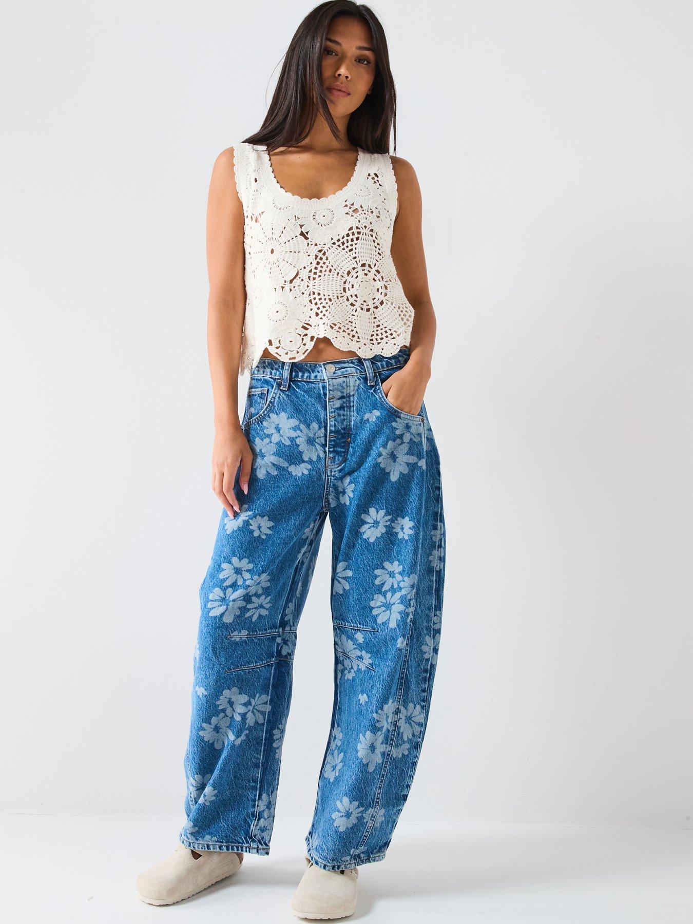 Image 3 of 6 of FREE PEOPLE Good Luck Floral Printed Barrel Jean - Blue