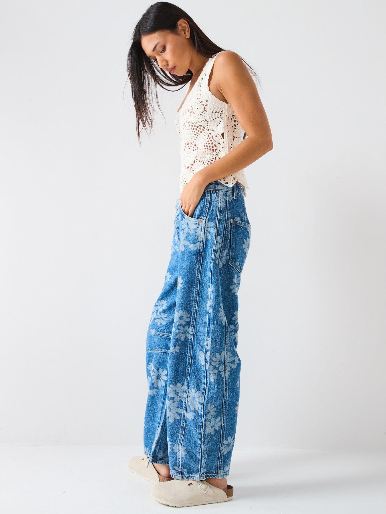 Image 5 of 6 of FREE PEOPLE Good Luck Floral Printed Barrel Jean - Blue