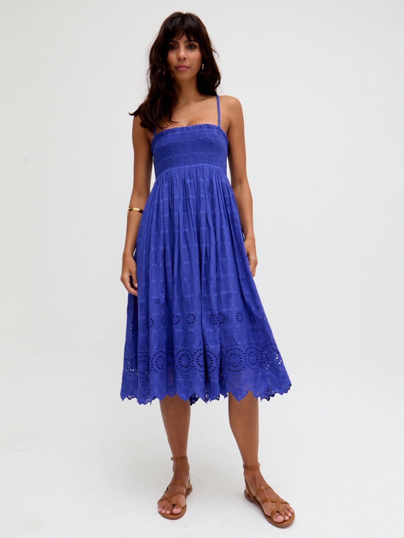 undefined Mirella Detachable Straps Embroidered Midi Dress - Blue