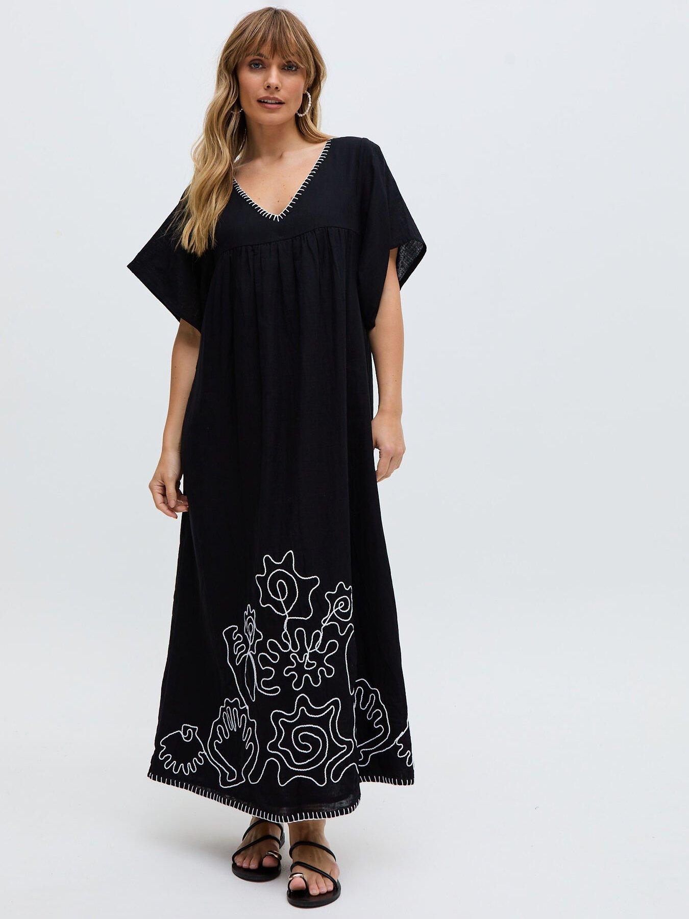 undefined Candy Tabard Embroidered Hem Midi Dress - Black