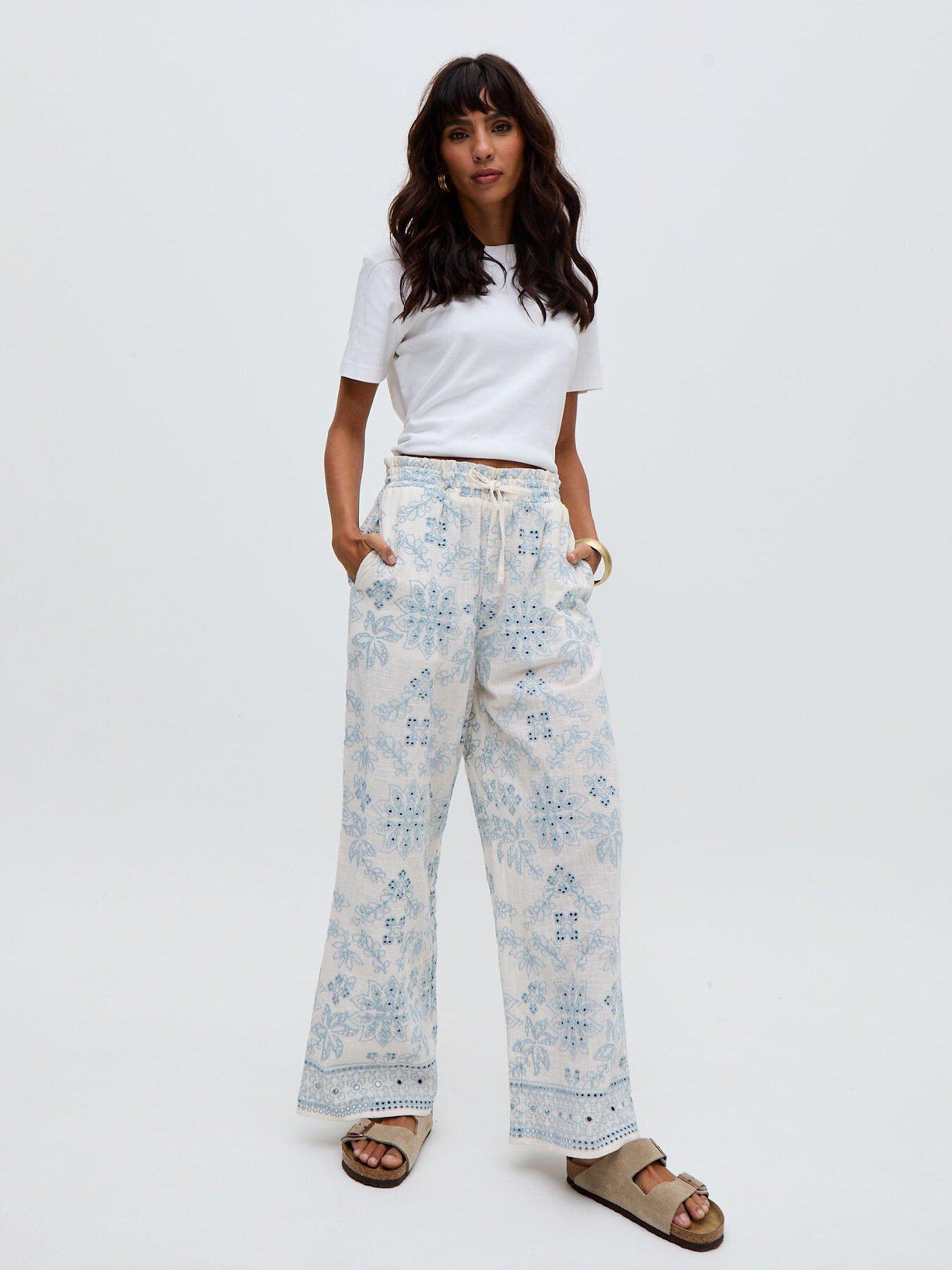 undefined Cherice Wide Leg All Over Embroidered Trouser - White