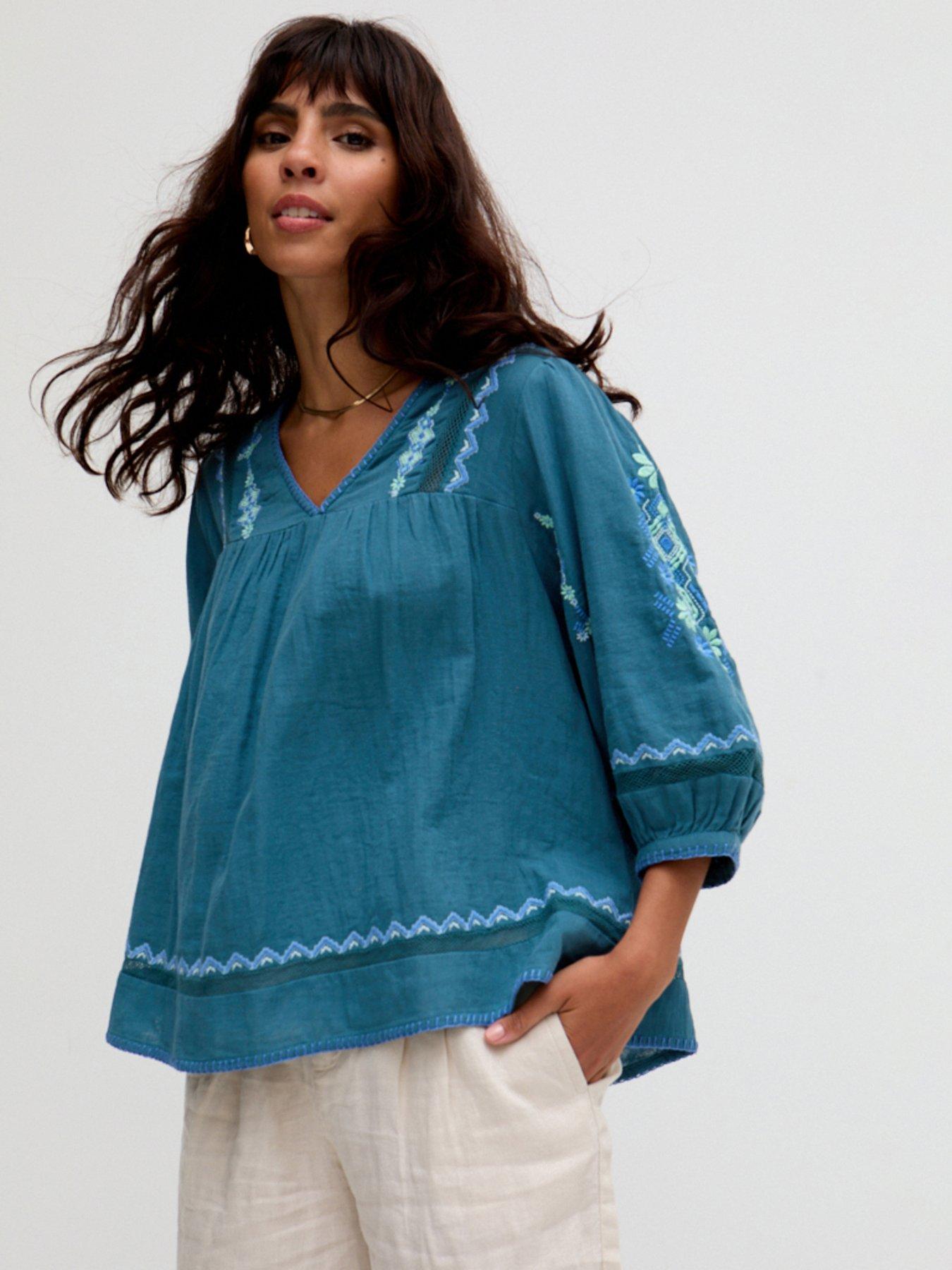 undefined Alice V-neck Embroidered Blouse - Blue