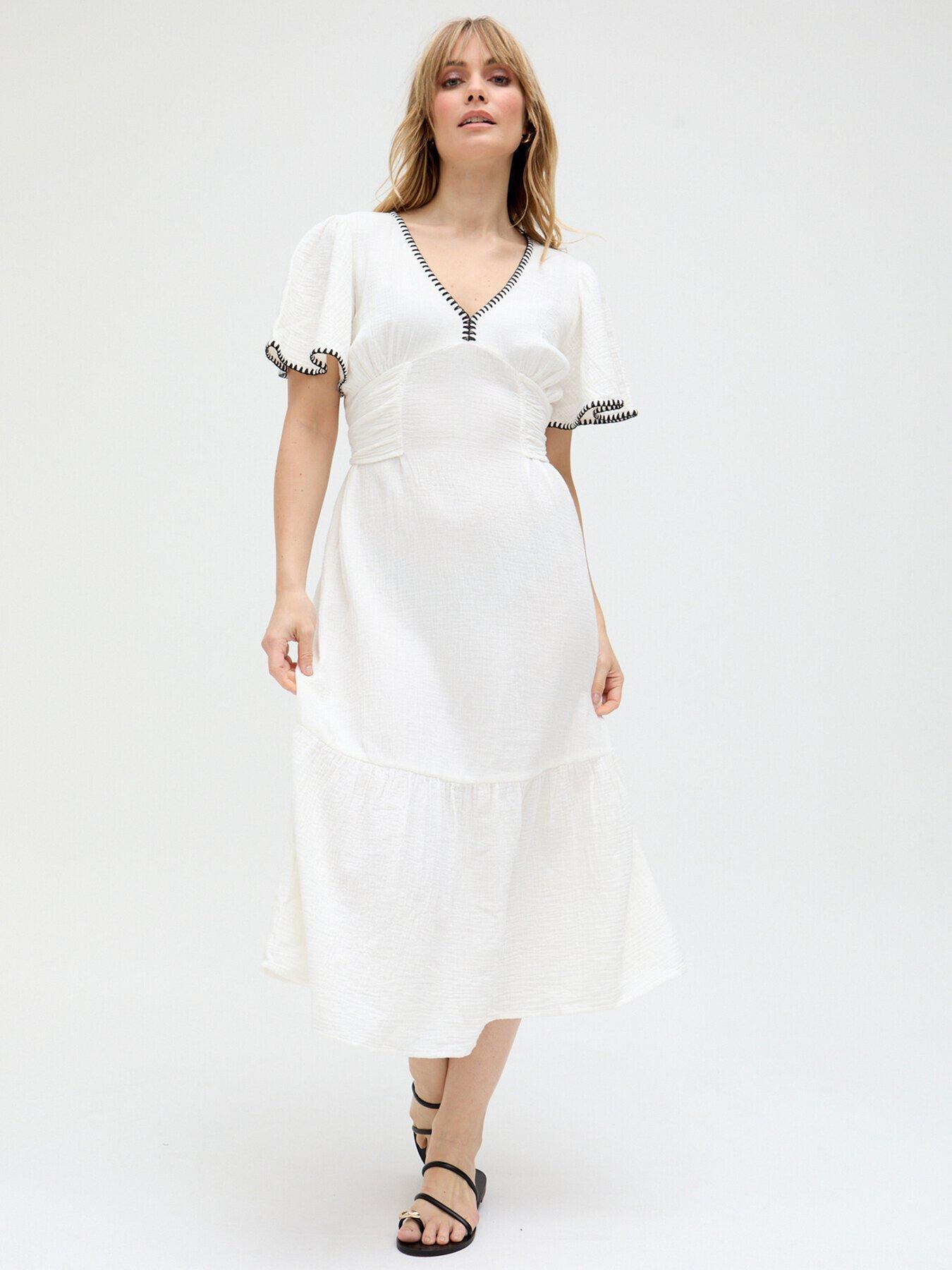 undefined Delilah V-neck Front Tie Midi Dress - White