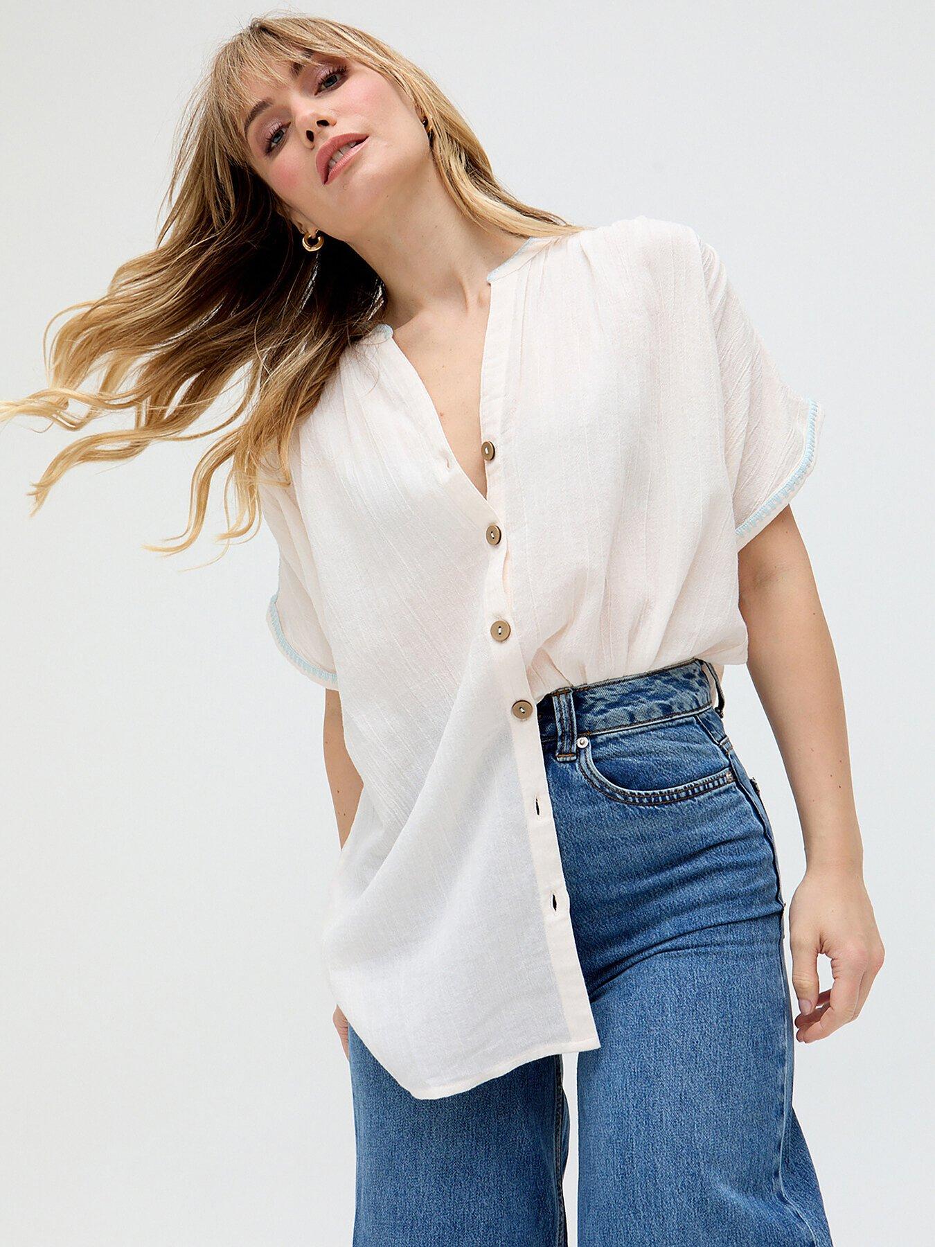 undefined Juneeta Crop Sleeve Button Down Shirt - Cream