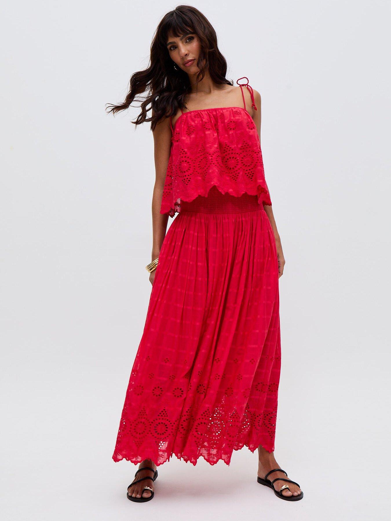 undefined Mirella Smocked Waist Embroidered Midi Skirt - Red