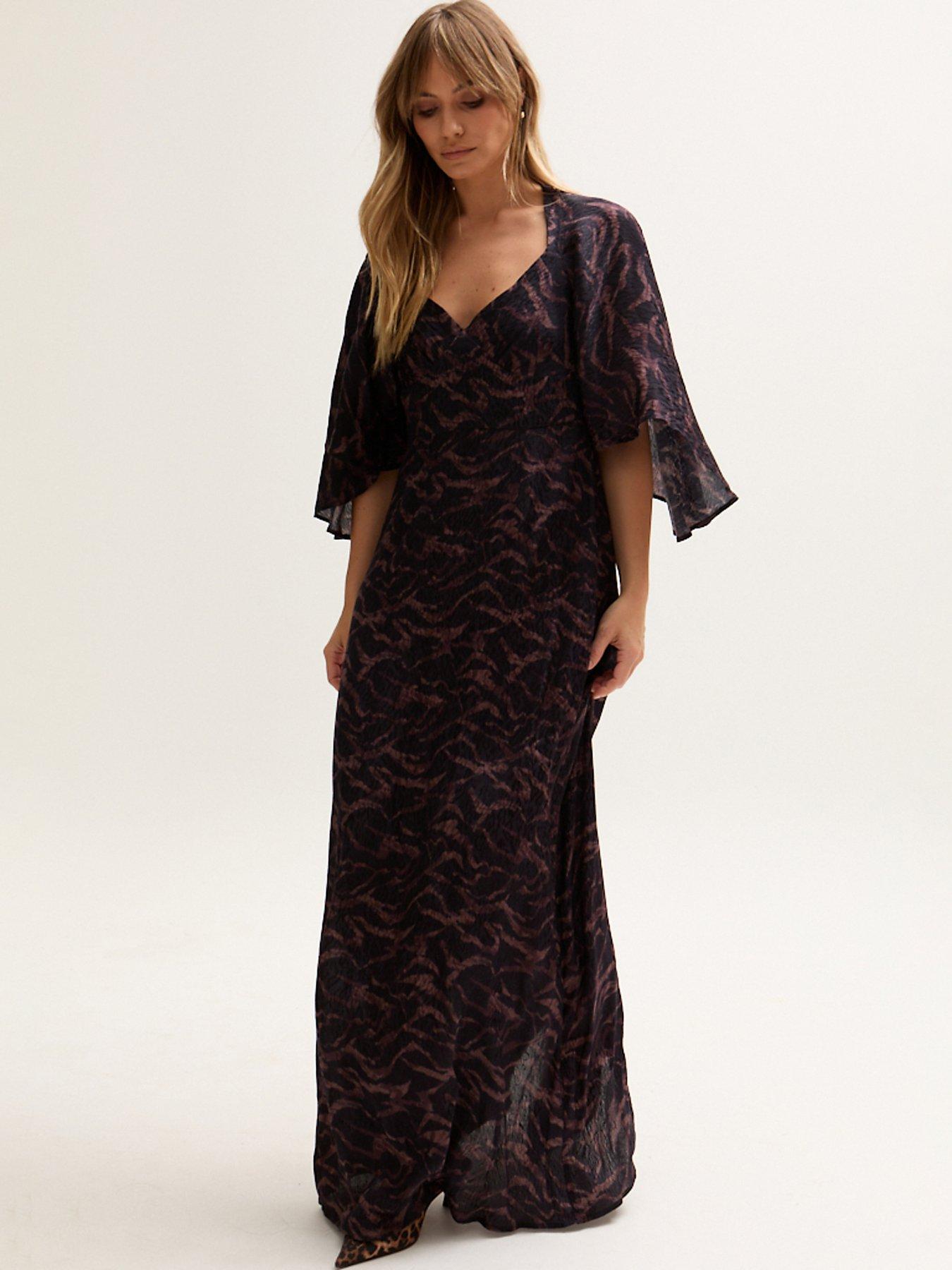 undefined Lydia Angel Sleeve Midnight Tiger Print Maxi Dress - Brown