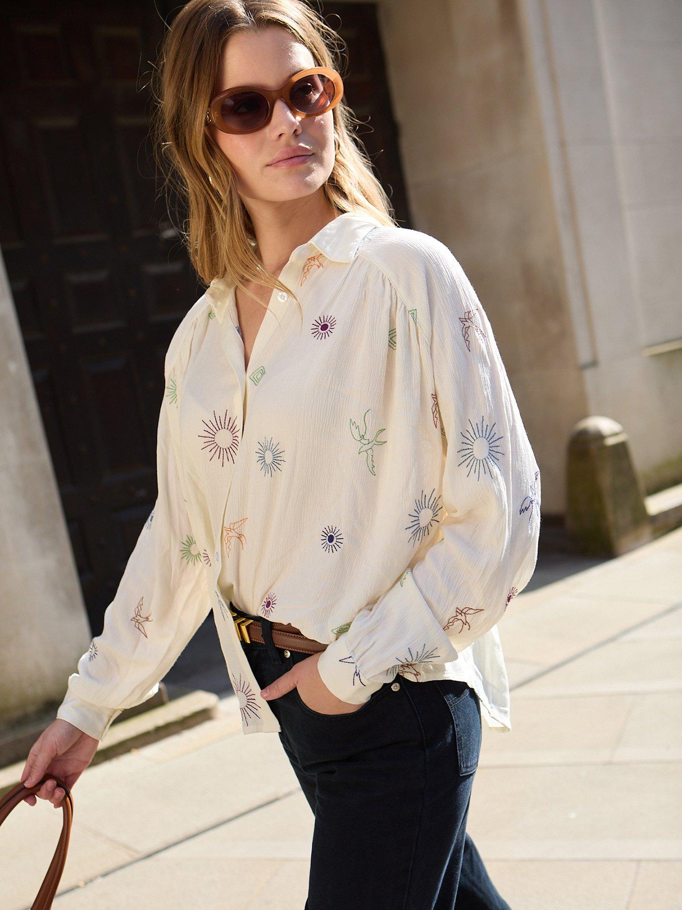 undefined Swallow Crinkle Embroidered Shirt - Cream