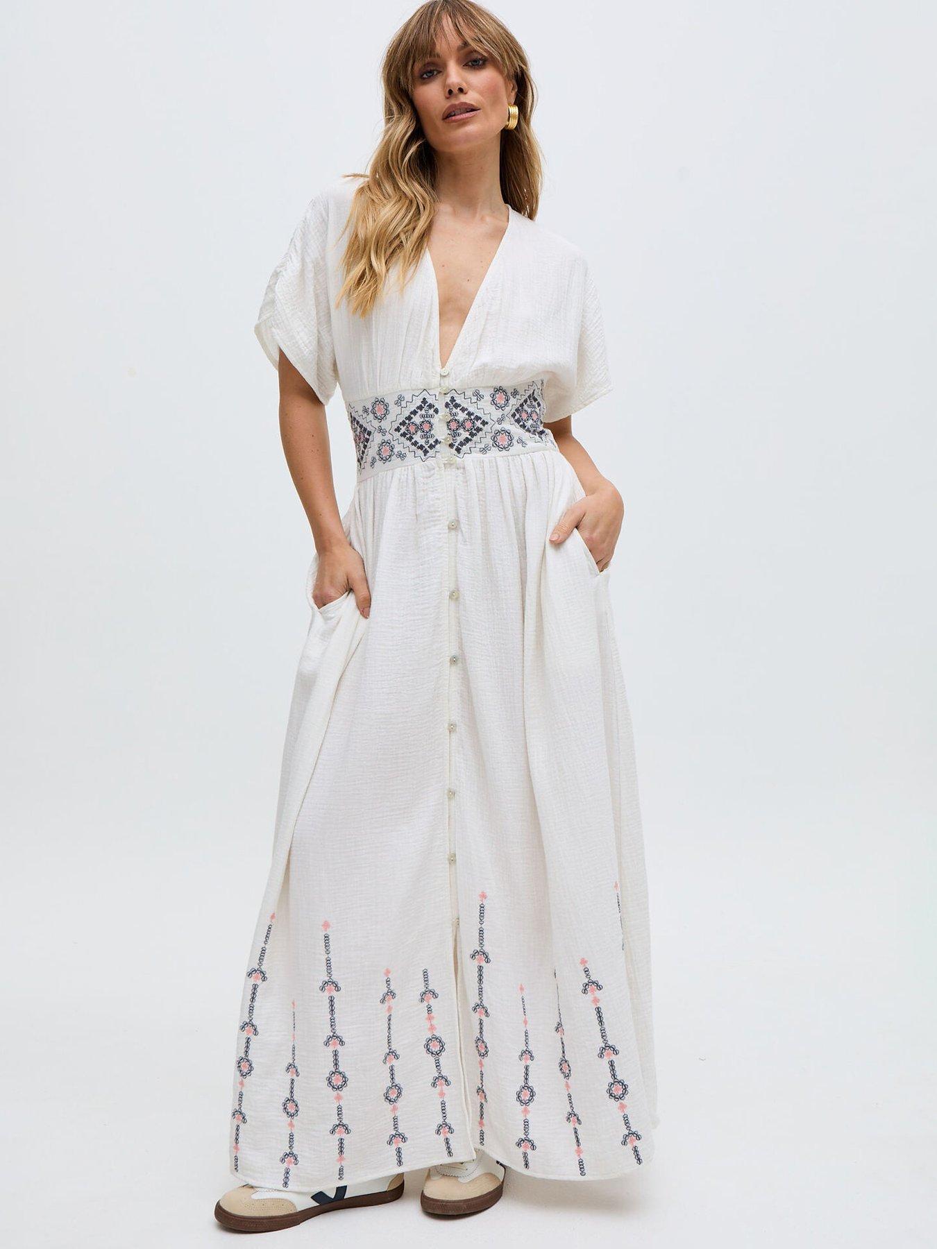 undefined Sally Ann Button Down Embroidery Maxi Dress - White
