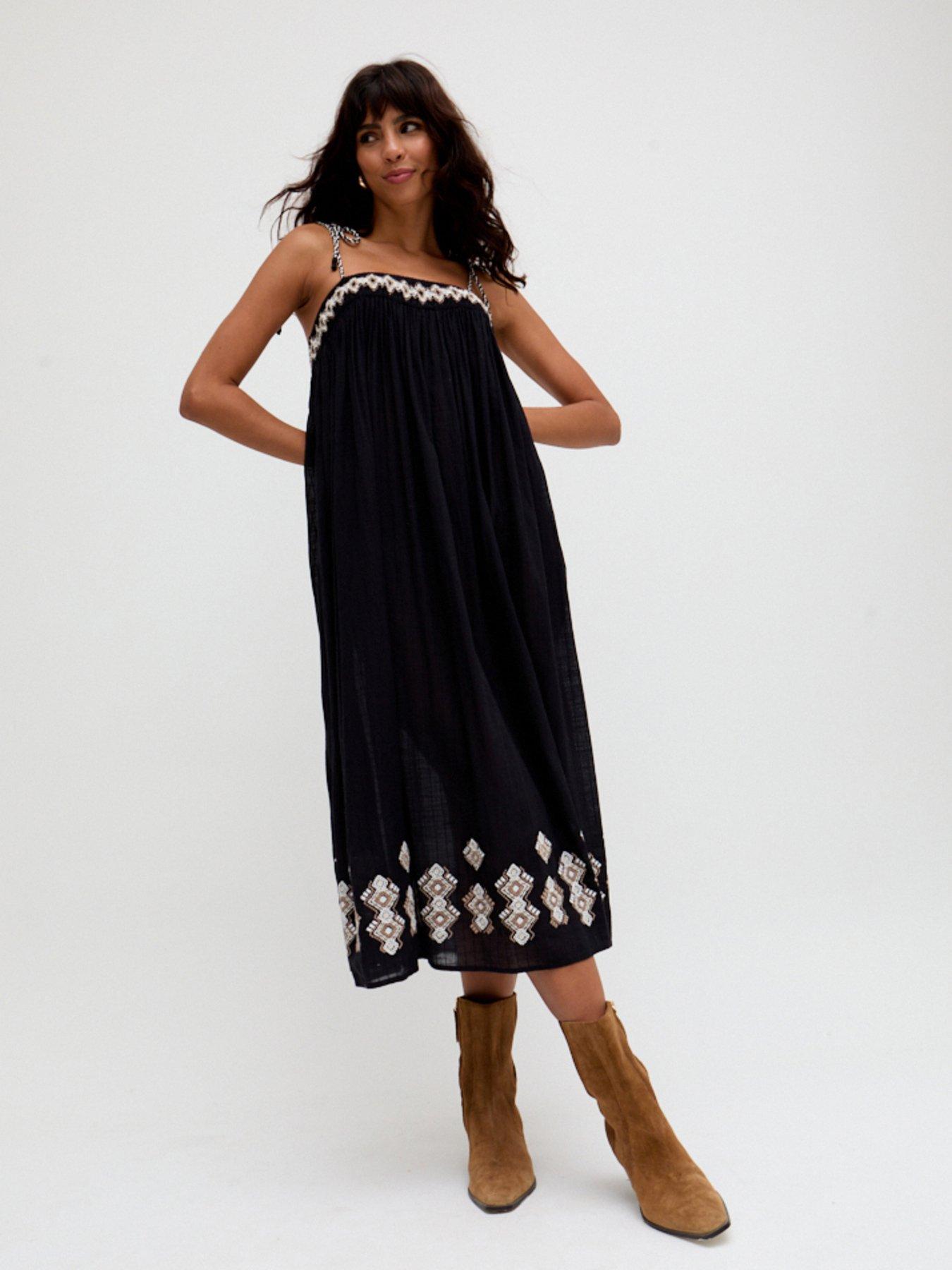 undefined Theodora Spaghetti Strap Embroidered Midi Dress - Black