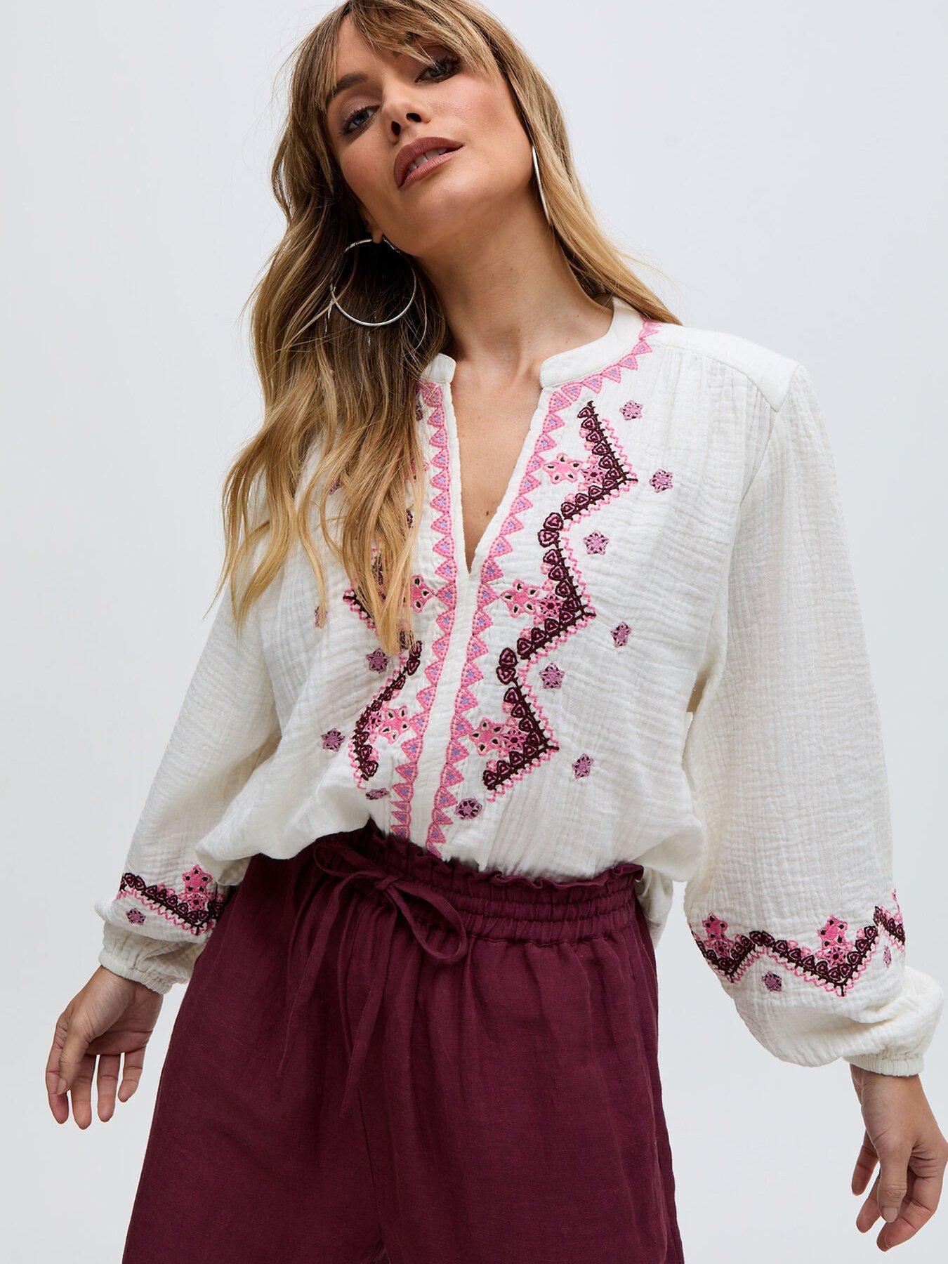 undefined Dina V-neck Embroidered Shirt - Cream