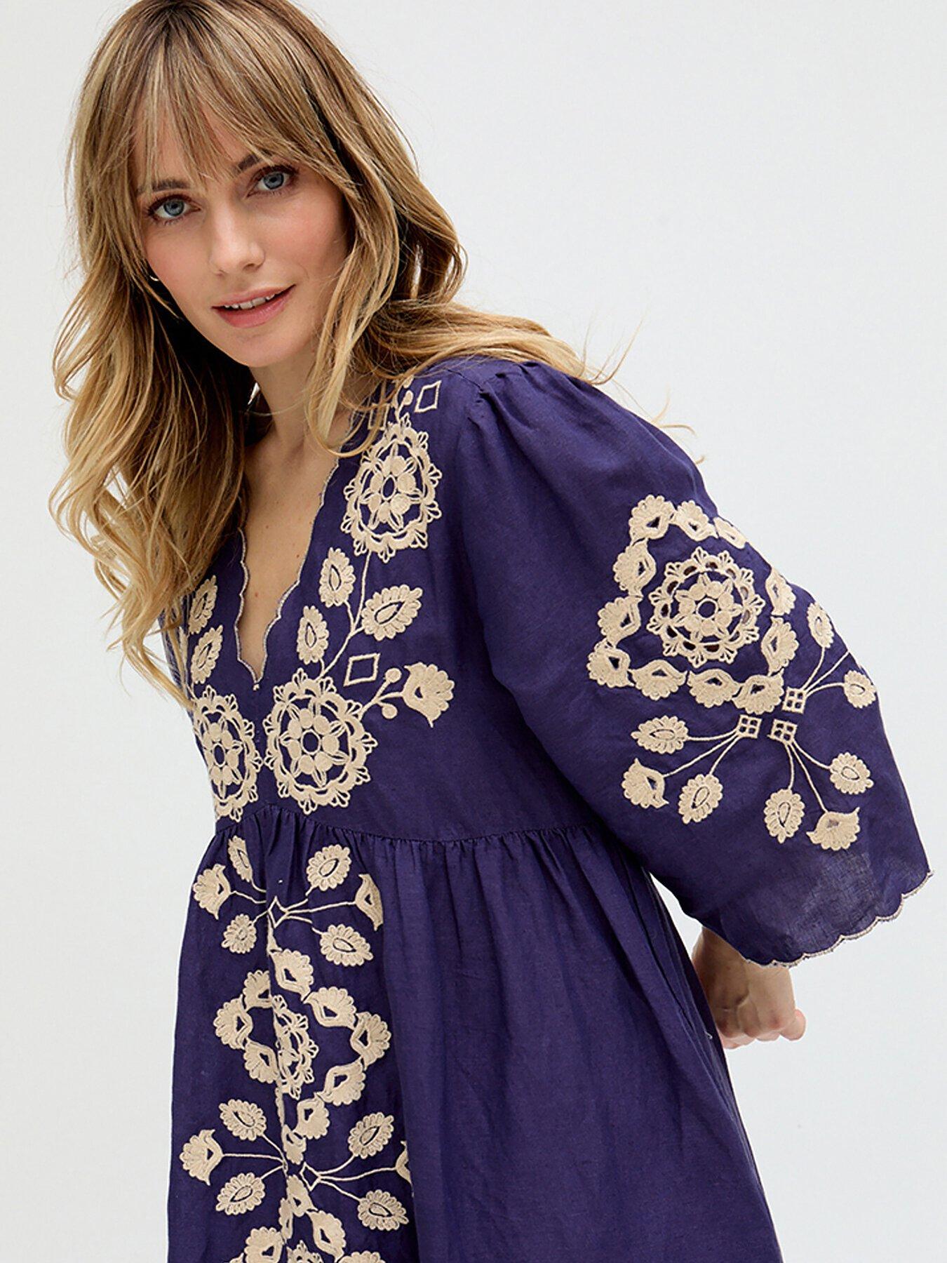 undefined Arianna V- Neck Embroidered Maxi Dress - Blue