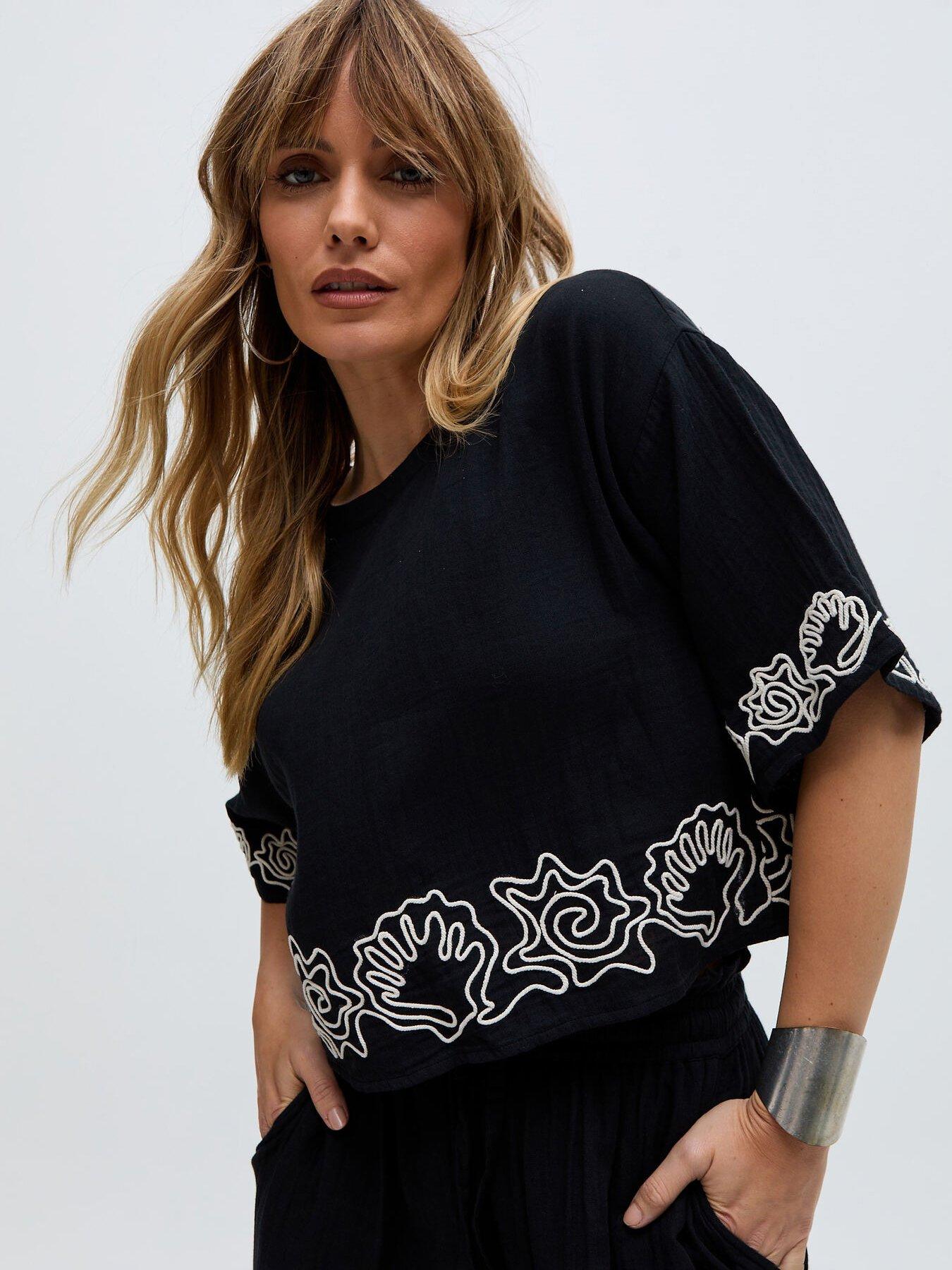 Image of Raffya Milly Embroidered Split Open Back Blouse - Black